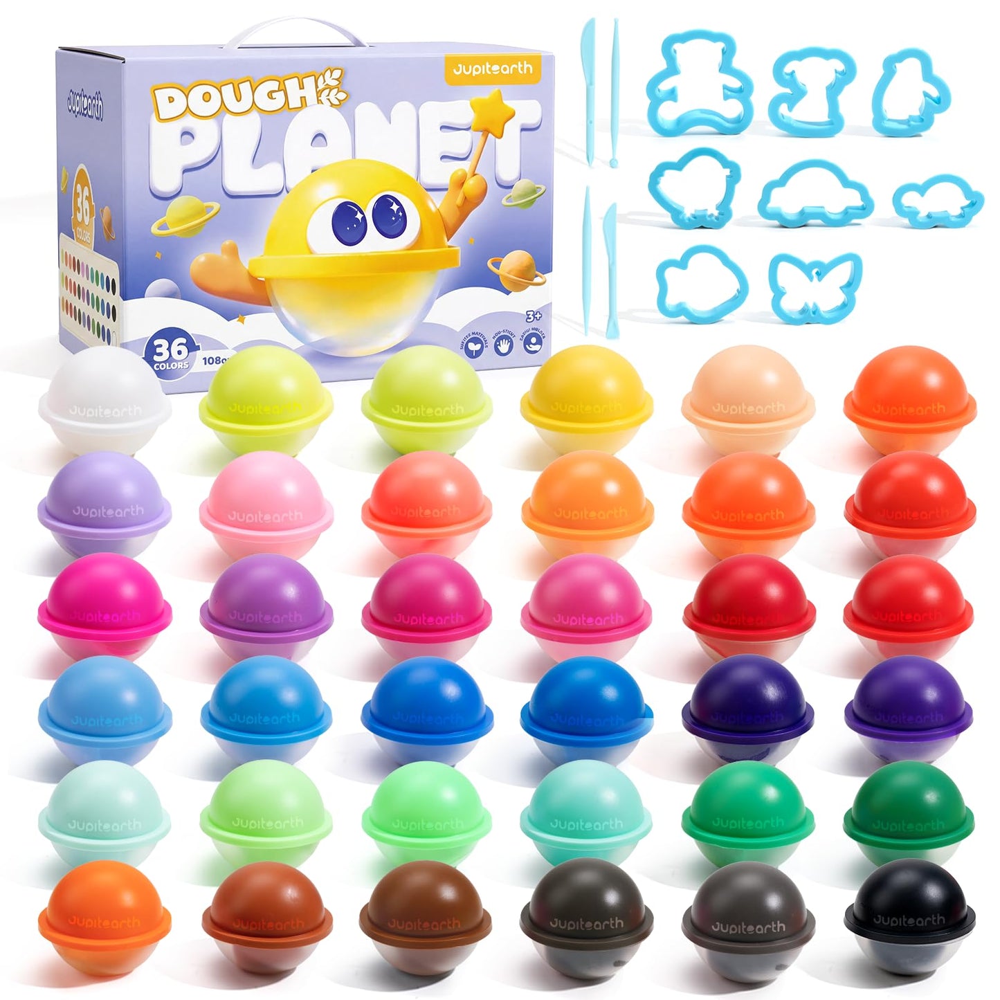 JUPITEARTH 36 Colors Modeling Dough Set, 3 Oz Non-Toxic & Safe Planet Dough with Molds & Tools, Back to School Supplies for Arts & Crafts, Birthday Party Favors Gifts & Prize Toys for Kids Age 3+