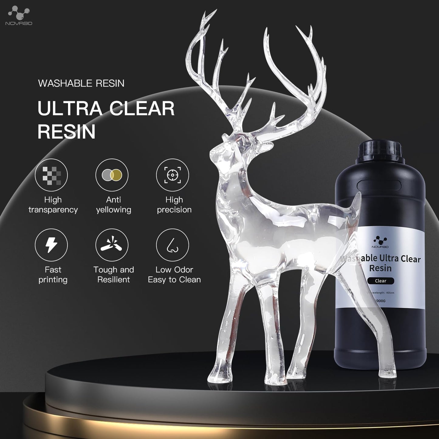 NOVA3D Ultra Clear Water Washable 3D Printer Resin High Precision 405nm LCD UV Fast Curing 3D Printing Resin for LCD DLP Resin 3D Printers, Resist Yellowing ＆ Low Odor (Ultra Clear, 1kg)