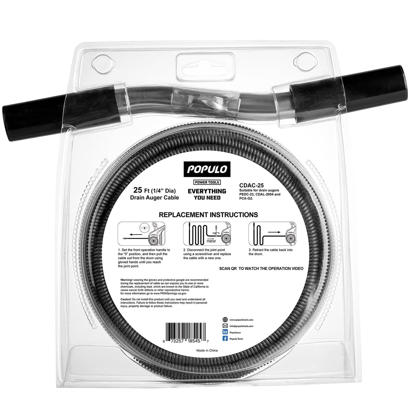 POPULO 25FT Replaceable Cable, Compatible with POPULO Electric Drain Auger(CADL-2004, PEDC-23), Supports Manual Operation.