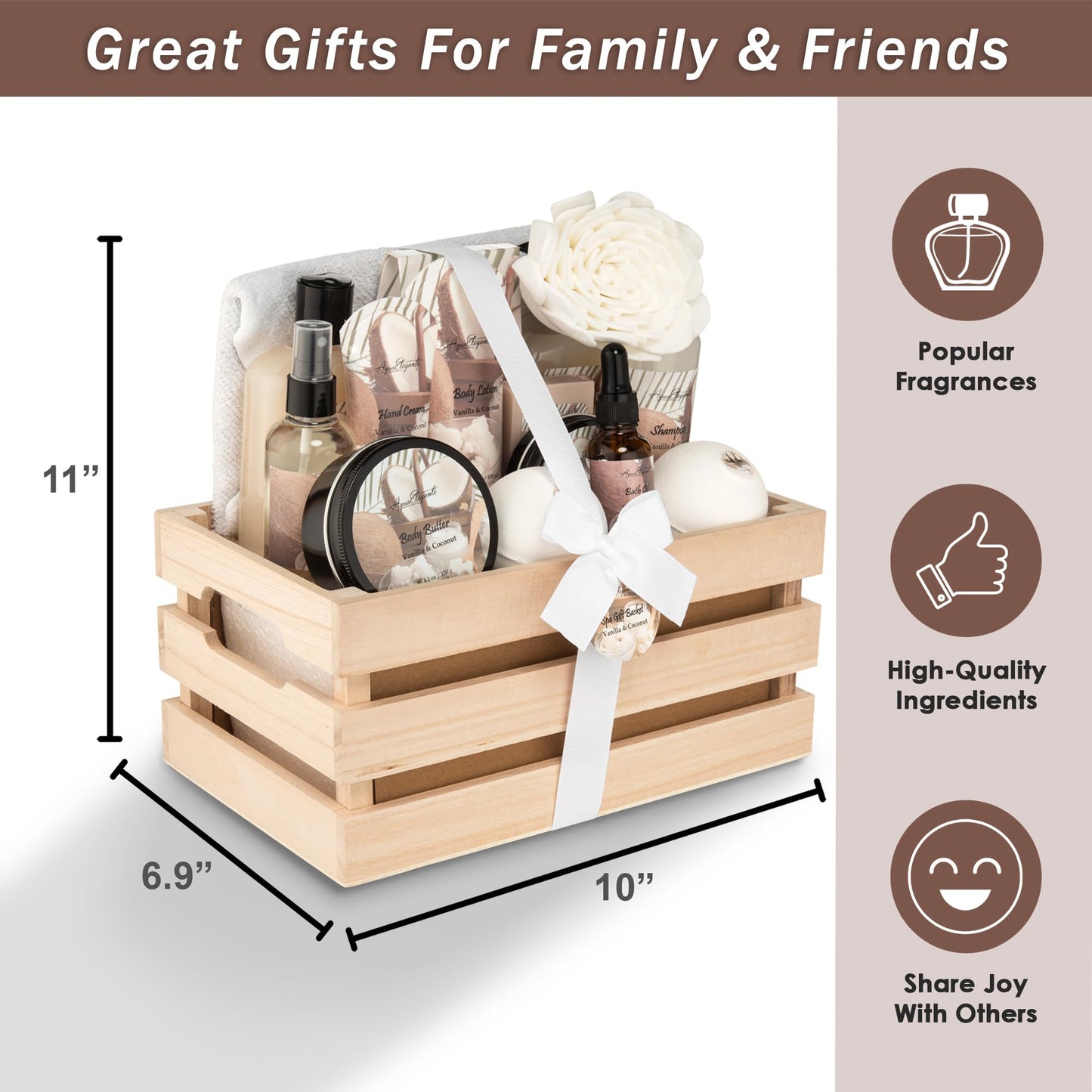 Bath Spa Gift Sets - Luxury Basket With Coconut & Vanilla - Spa Kit Includes Wash, Bubble Bath, Lotion, Bath Salts, Body Scrub, Body Spray, Shower Puff, Bathbombs, Soap and Towel