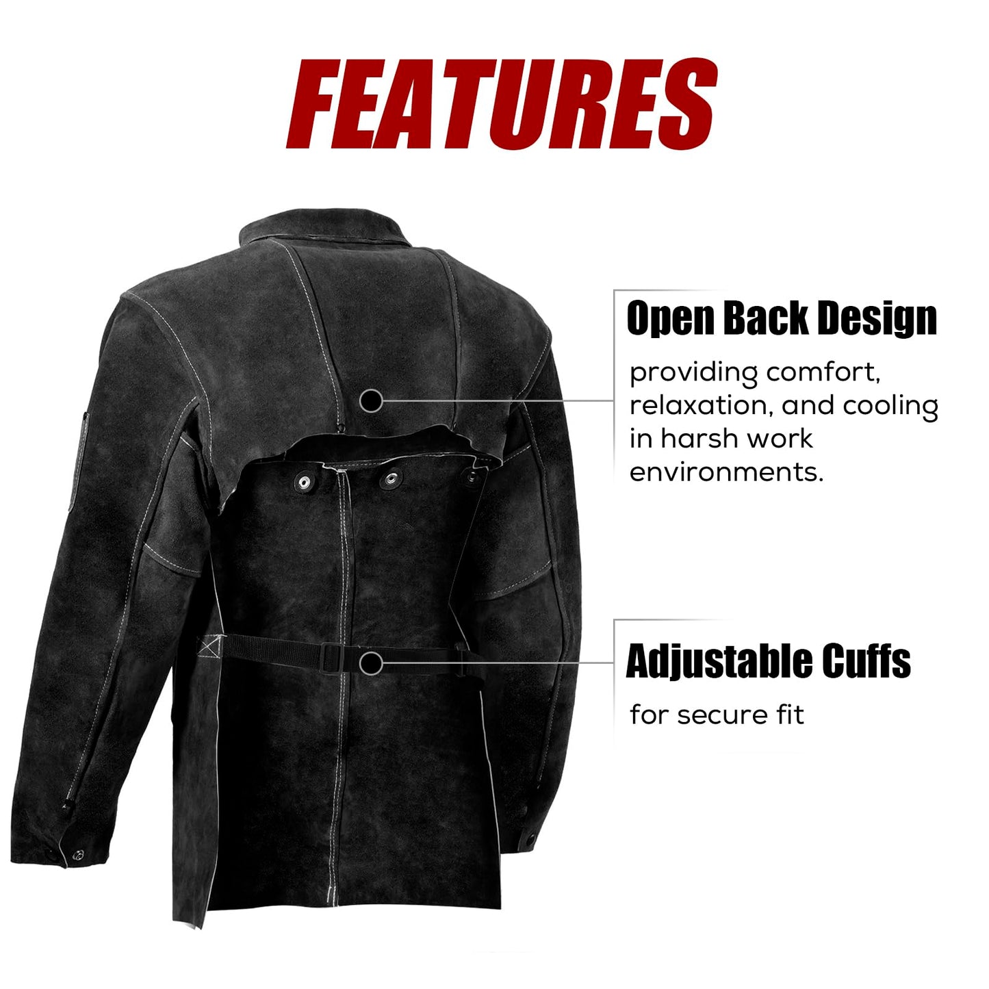 LeaSeek Leather Welding Jacket, Flame-Resistant Heavy Duty Split Cowhide Leather Open Back Welder Jacket for Men & Women