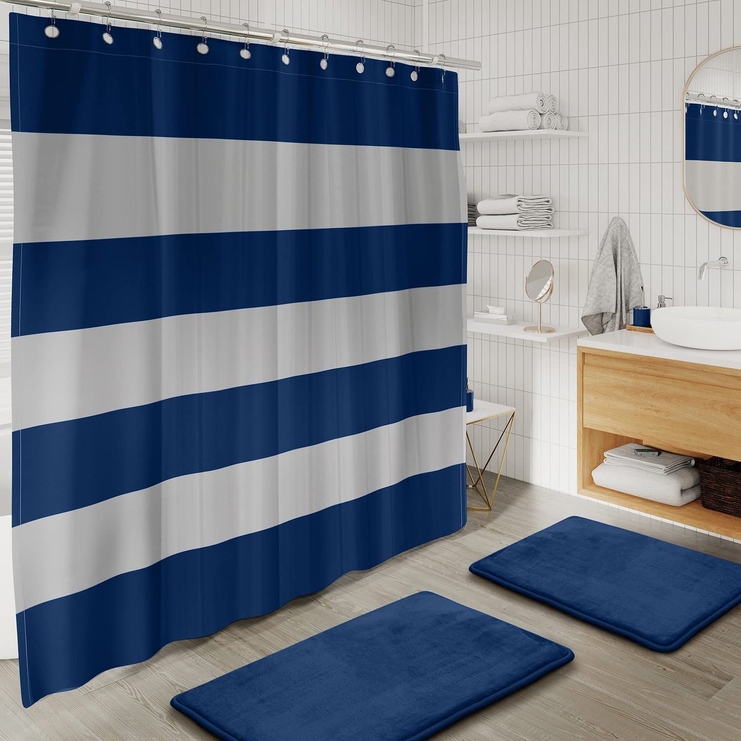 Clara Clark Bathroom Set - Navy Bathroom Accessories Set, 20PC Bathroom Accessory Set, Shower Curtain Set with Liner, Toothbrush Holder, Soap Dispenser, Soap Dish, Toilet Brush Holder, and Trash Can