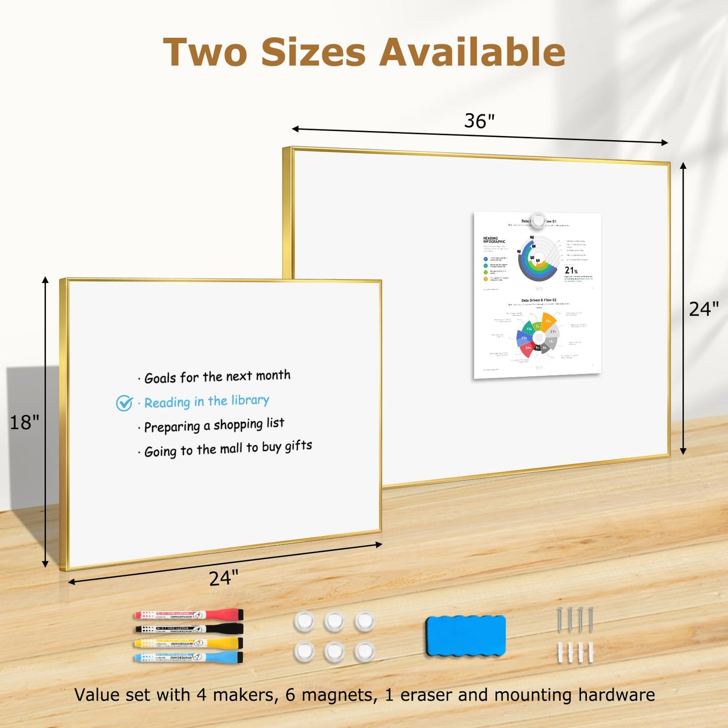 QUEENLINK Magnetic Whiteboard, 36"x24" Gold Aluminum Frame Dry Erase White Board for Wall, Large Wipe Board with 6 Magnets, 4 Markers & 1 Eraser for Home and Office