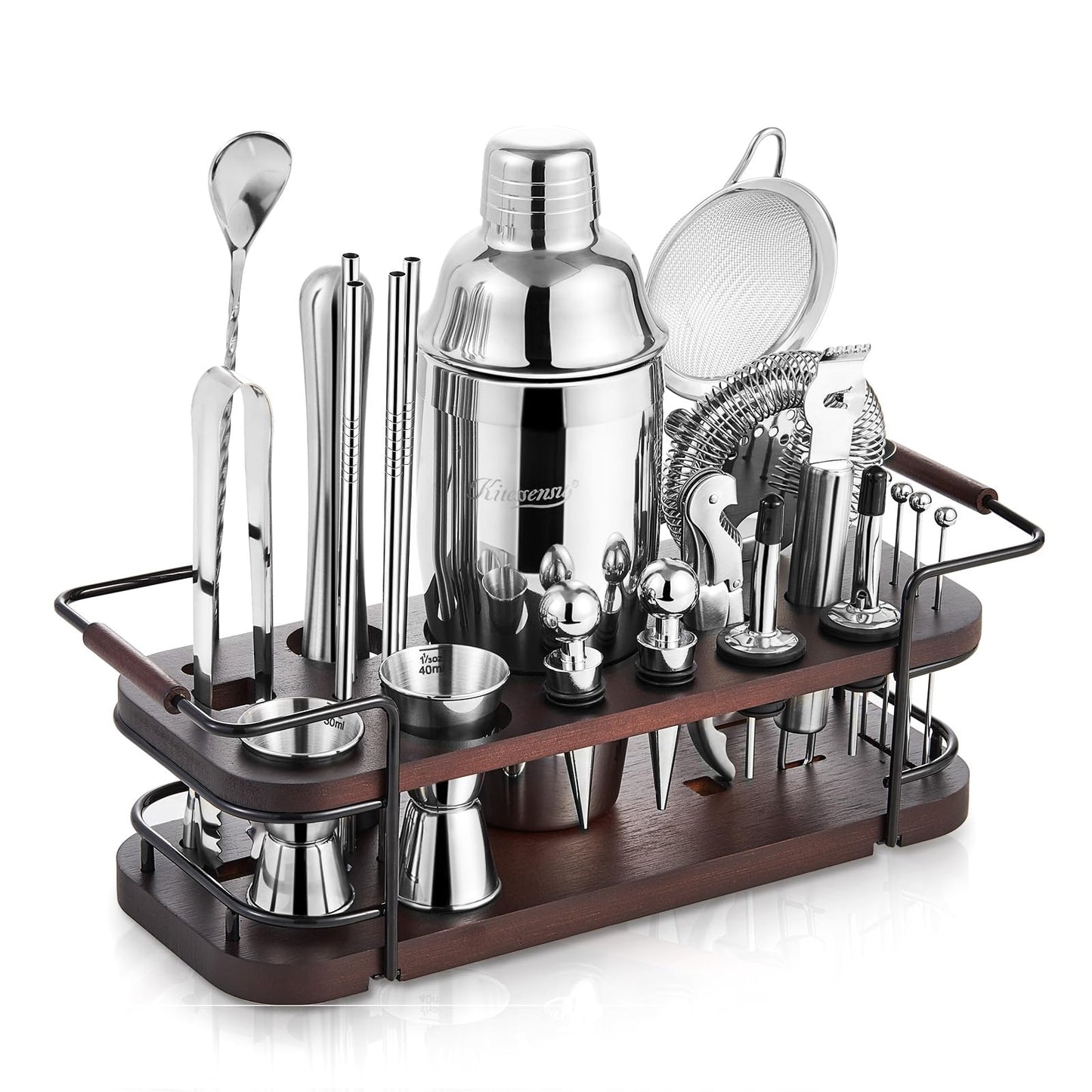 KITESSENSU Cocktail Shaker Set Bartender Kit with Stand | Complete 24-Piece Bar Set Cocktail Kit with All Bar Accessories: Martini Shaker, Jigger, Muddler | Drink Mixer Set for Home Bar Cocktails