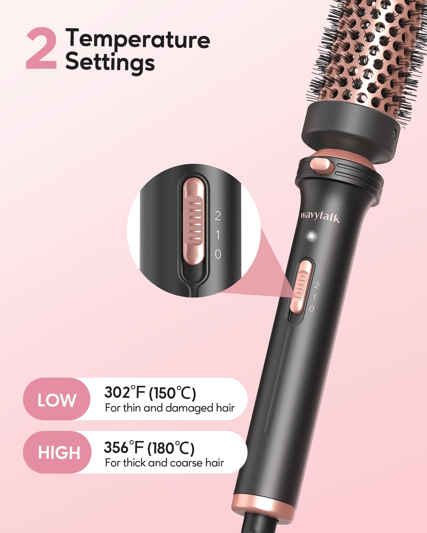 Wavytalk Thermal Brush, Heated Round Brush, 1 1/2 inch Blowout Brush with Detachable Brush Head, Thermal Round Brush Dual Voltage for Travel, Rose Gold