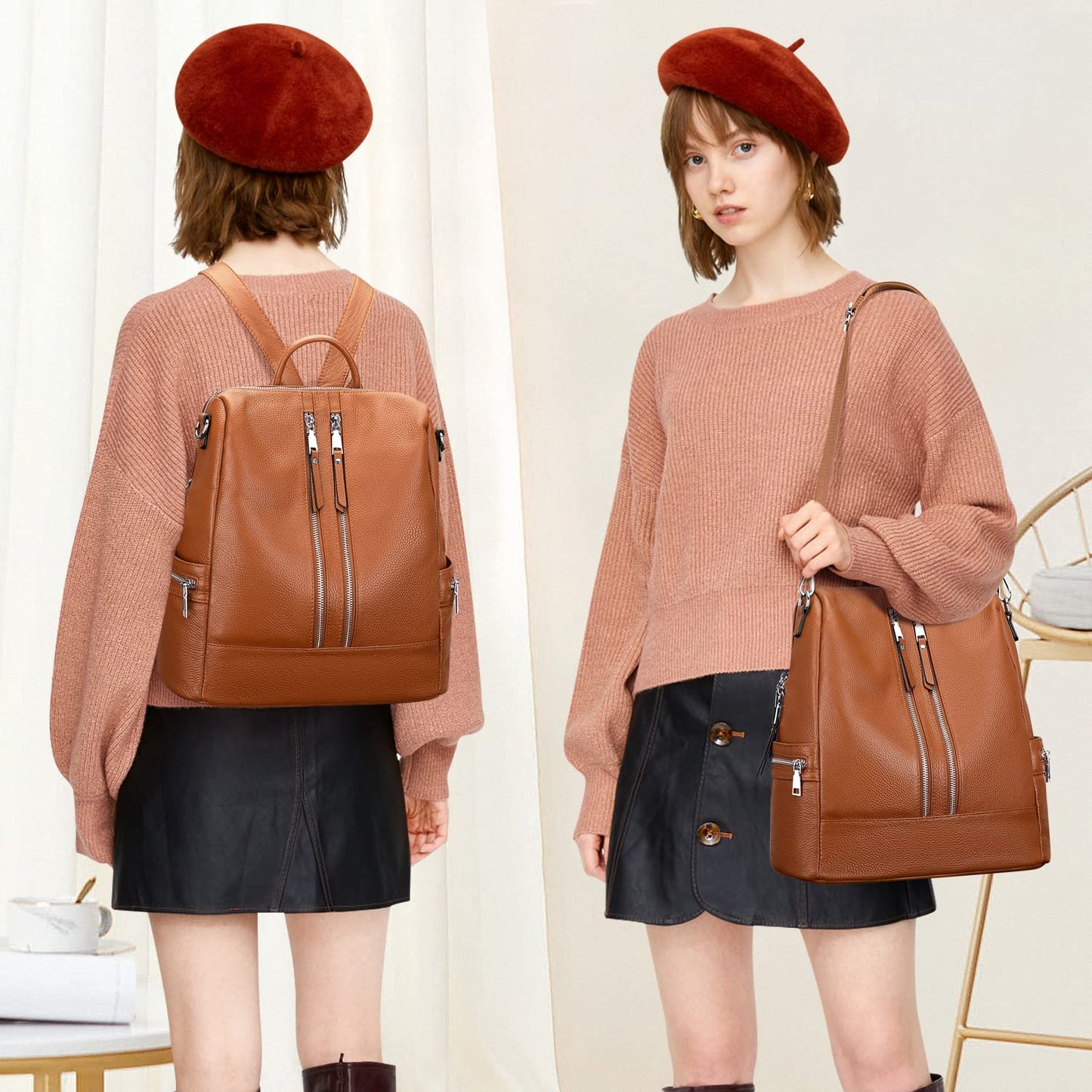 ALTOSY Genuine Leather Backpack Purse for Women Convertible Shoulder Bag Crossbody Bag with Laptop Compartment(S77 Caramel)