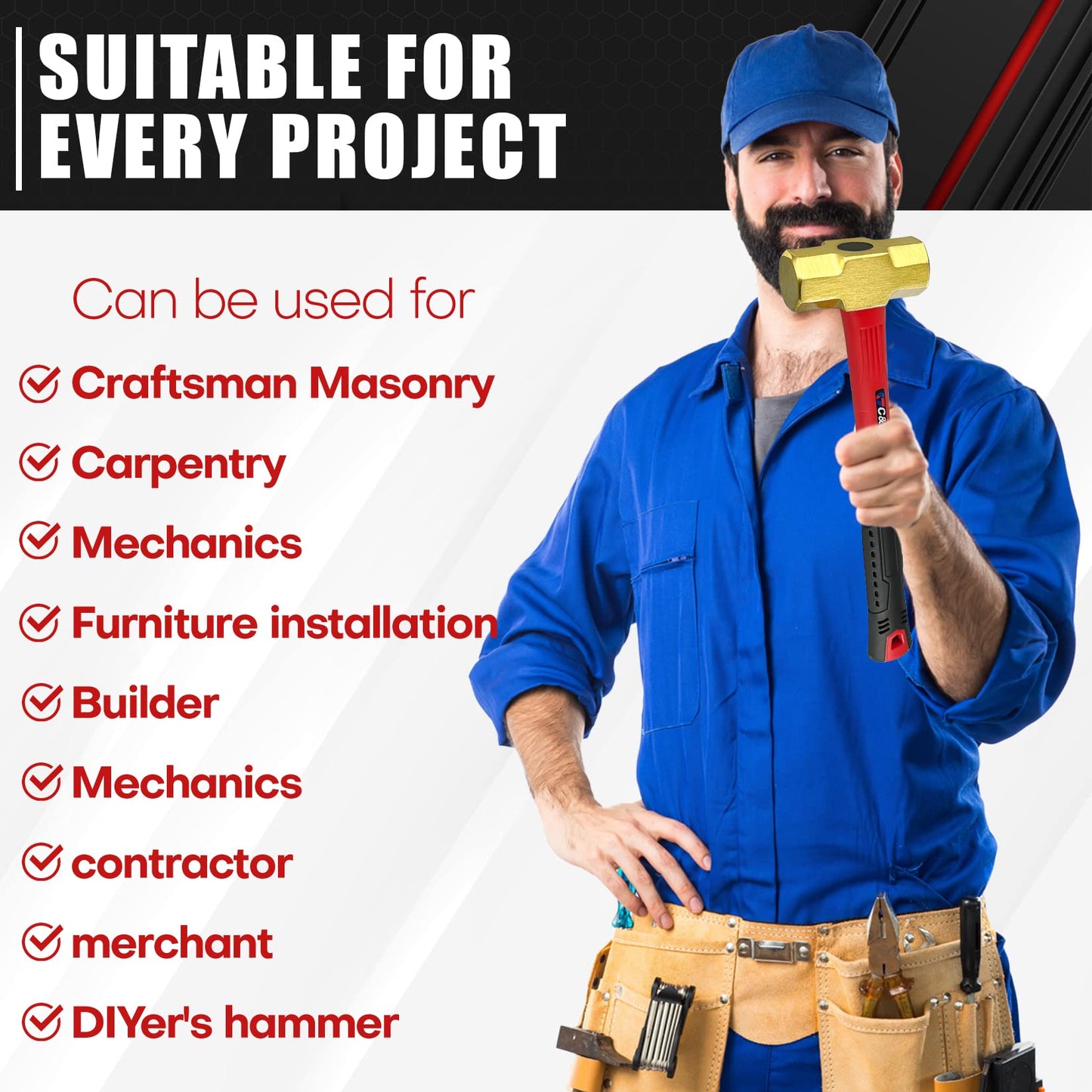 C&T 3lb Brass Sledge Hammer,Non-Sparking,Comfortable Fiberglass Handle,3-Pounds,Non-Magnetic,Corrosion Resistant