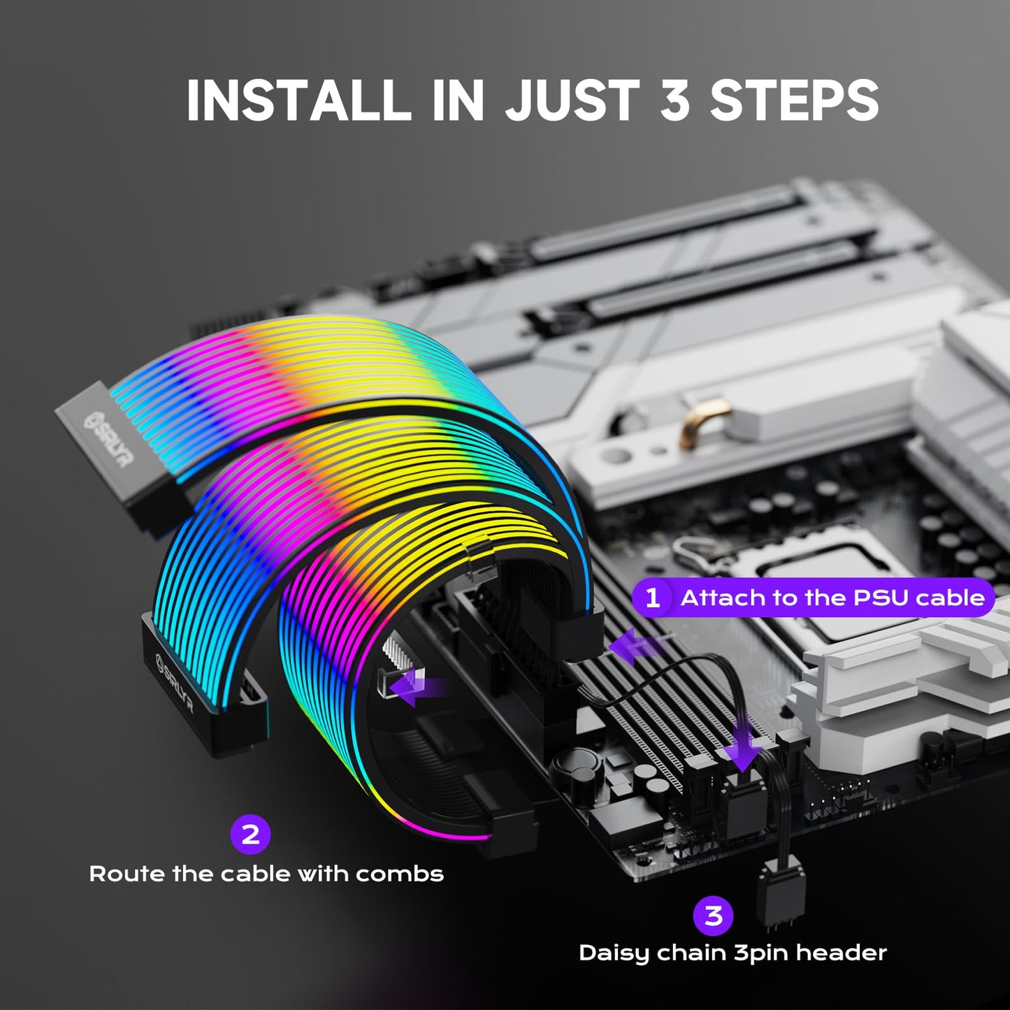 Sirlyr Black RGB LED Strips for PSU Cables - Flexible ARGB Lighting Sleeves,Manage/Cover 8 pin PCIE/12VHPWR GPU,24 Pin ATX Power Supply Cable and Extensions,Decor PC Case,5V 3Pin SYNC