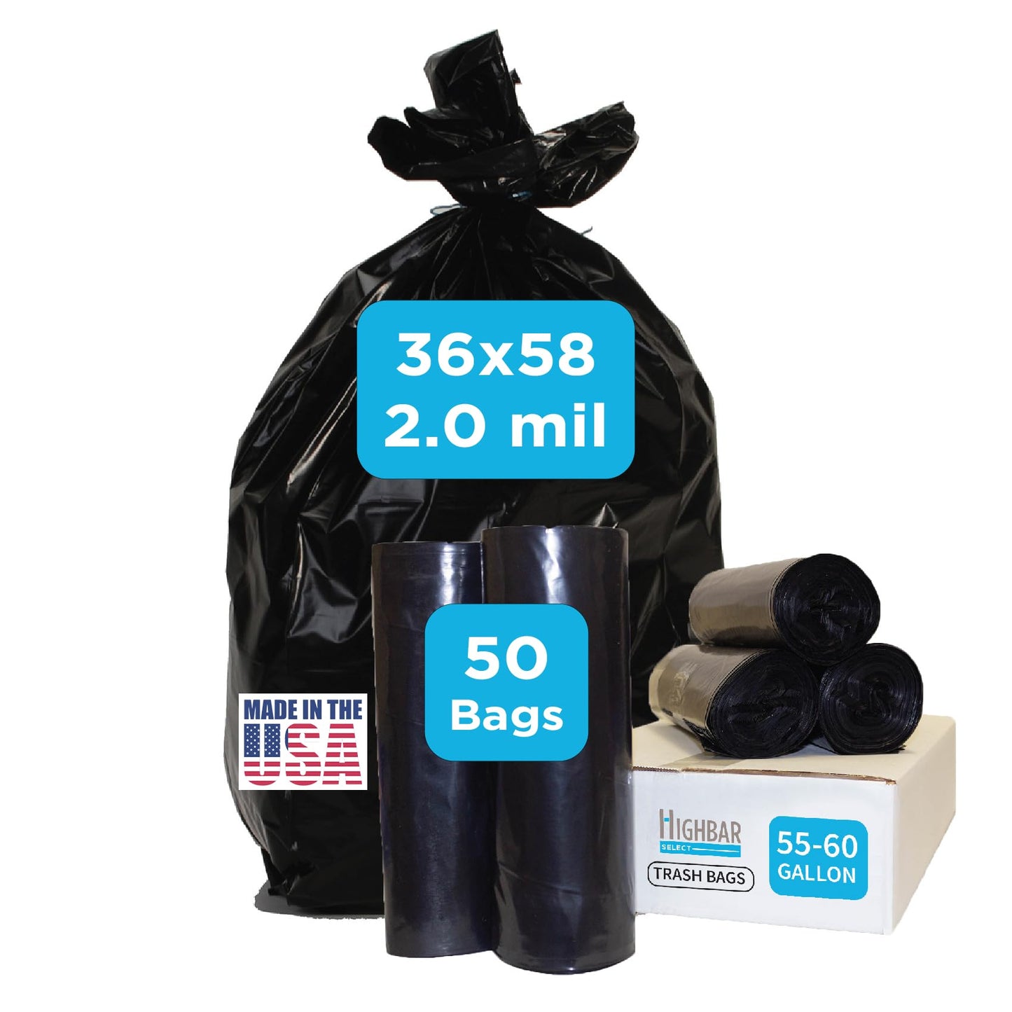 Industrial Grade 50 Count Black Trash Bags, 55-60 Gallon, 2.0 Mil, 36 x 58, Extra Strength, Heavy Duty, Tear and Puncture Resistant, No Ears, Unscented, Durable, No Ties, Made in USA