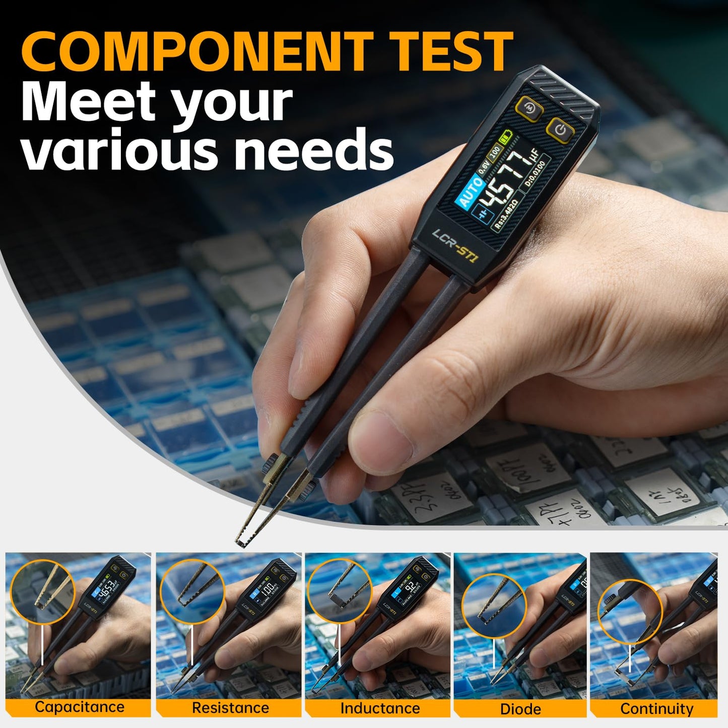 FNIRSI LCR-ST1 10KHz LCR Meter Tweezer, Mini Smart SMD Tester, ESR Meter, Multimeter, Capacitance Inductance Continuity Diode Tester, Auto Component Recognition Electronic Component Analyze