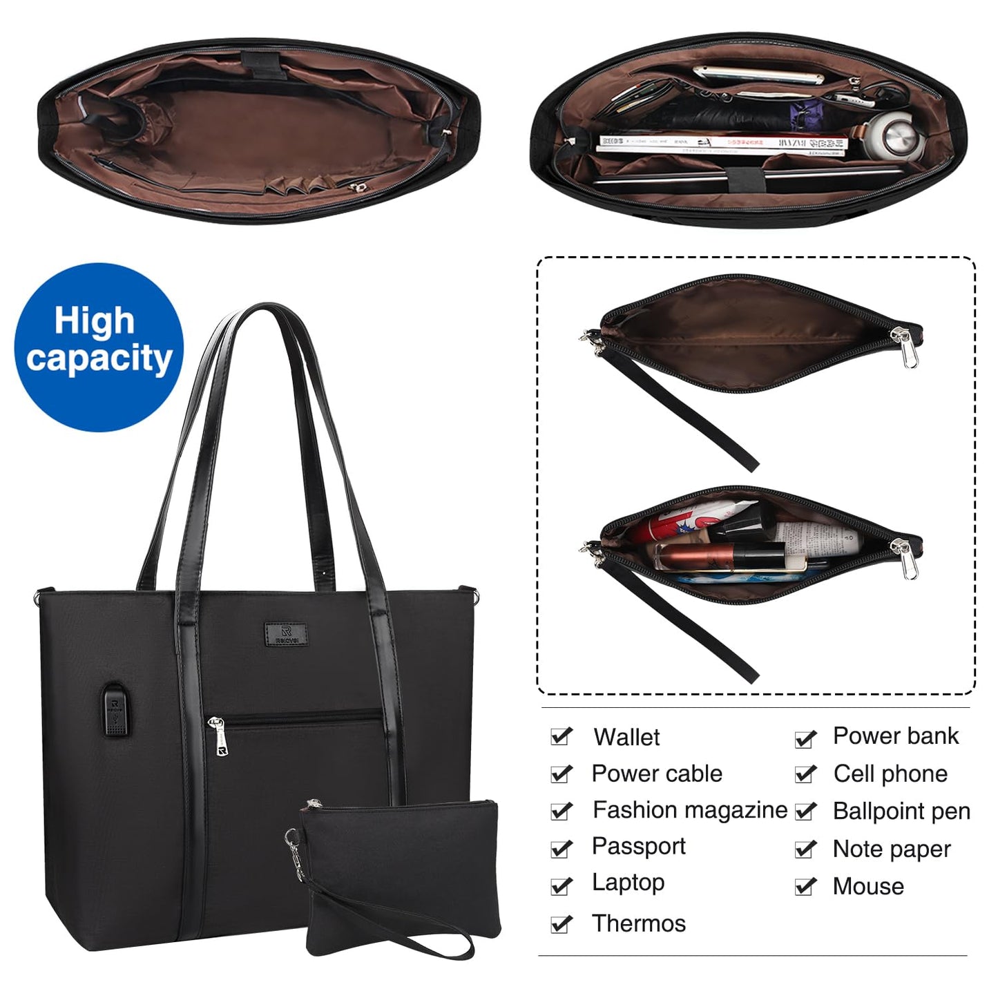 Laptop Tote Bag for Women 17.3 Inch Laptop Bag Large Teacher Tote Bag Waterproof Nylon Work Bag with Wristlet Wallet Computer Tote Bag Handbag Satchel Shoulder Bag (2pcs)