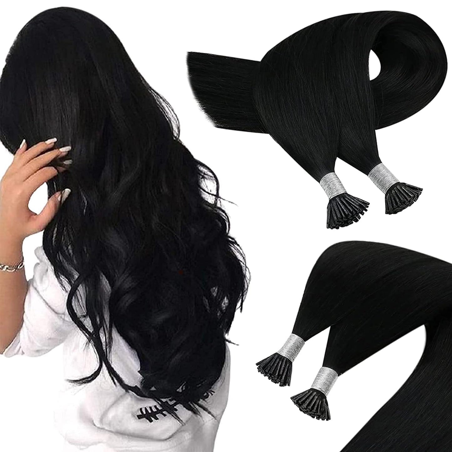 Sunny Hair Black I Tip Hair Extensions Human Hair 28inch I Tips Extensions Jet Black Itips Human Hair Extensions Heat-Stylable I Tip Extensions Straight Itips Invisible Bead Hair extensions 50g 50s