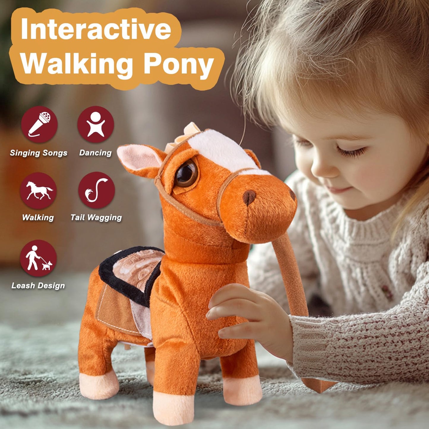 Musical Singing Dancing Plush Interactive Pony Walk Along Toy Horse with Leash - Robot Plush Stuffed Animal Shaking Head Buttocks for Boys & Girls Kids or Toddlers - H: 11.81"