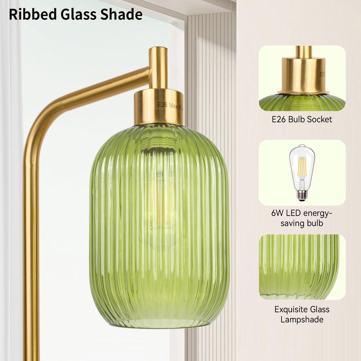 Ruiever Glass Floor Lamp for Living Room, Dimmer Standing Lamp with Green Ribbed Lampshade,66” Tall Lamp & Gold Floor Lamp for Bedroom Study Room,Brushed Gold (Green)
