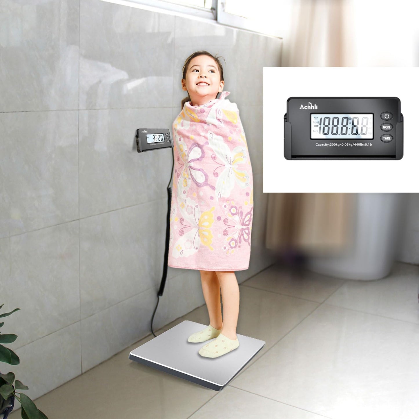 ACNHLI Heavy Duty Shipping Scale,440 LBS high Precision Hidden Wall Mounted Display, Portable Multi-Function Weighing Scale for Warehouse/Office/delivery Company, Includes Adapter and Product Manual