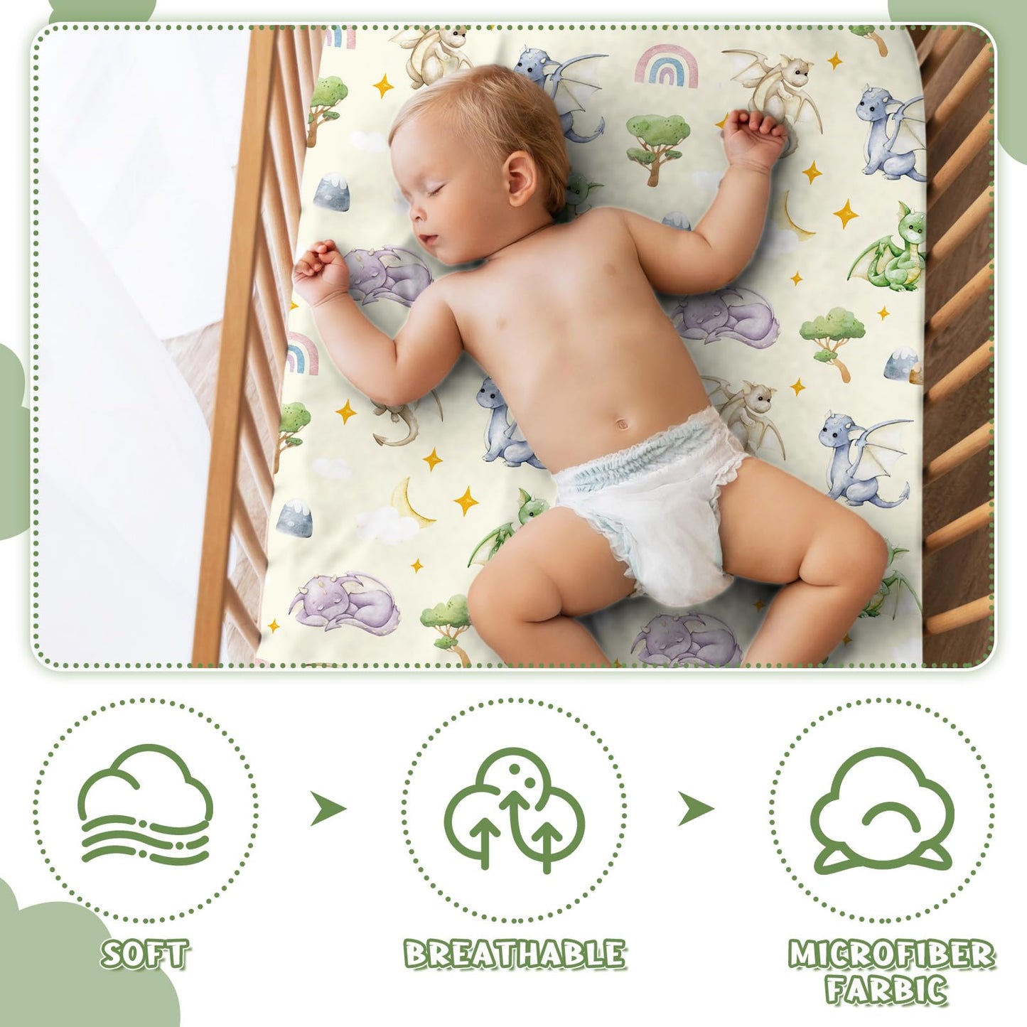 VitalCozy 4 Pcs Watercolor Dragon Crib Sheet Set Newborn Bedding Nursery Baby Sheets for Girl Boys Baby Gifts for Standard Crib and Toddler Mattresses, 52 x 28 x 8 Inches