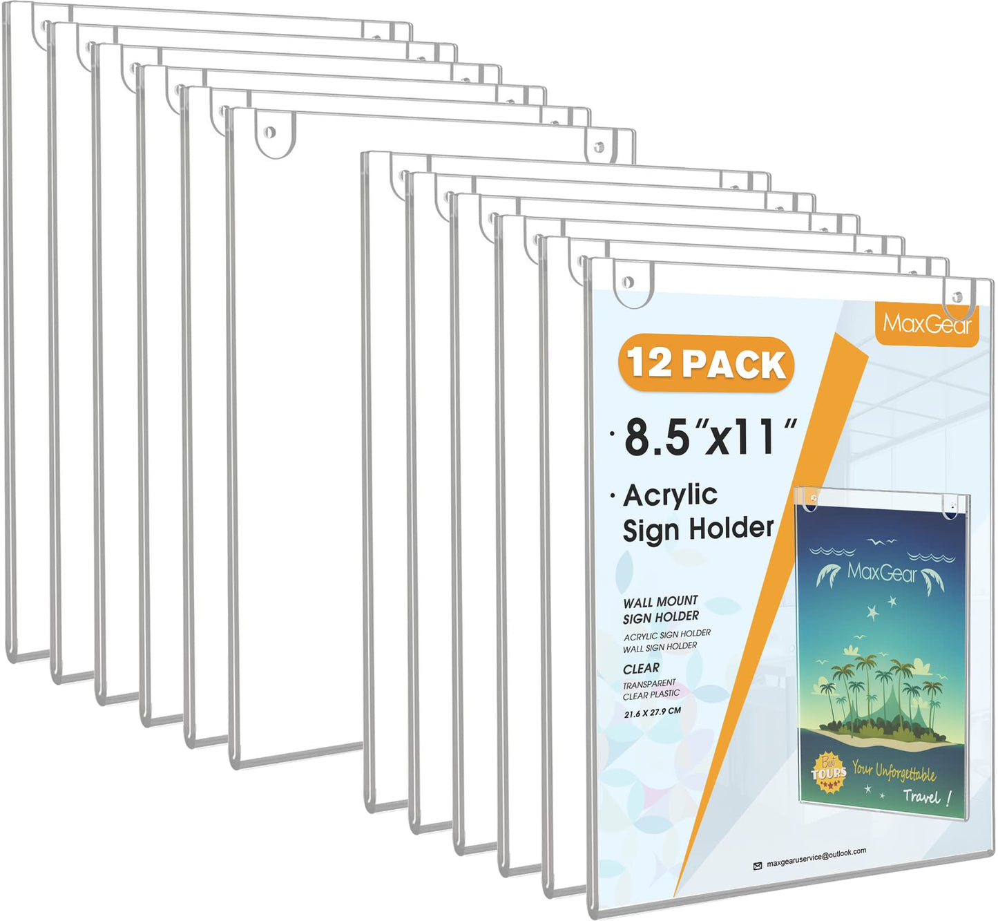 MaxGear Wall Mount Sign Holder 8.5 x 11 Inch, Clear Plastic Picture Frames Door Sign Holder Portrait Style with Adhesive Tapes and Screws for Office, Home, Store, Restaurant, Vertical, 12 Pack