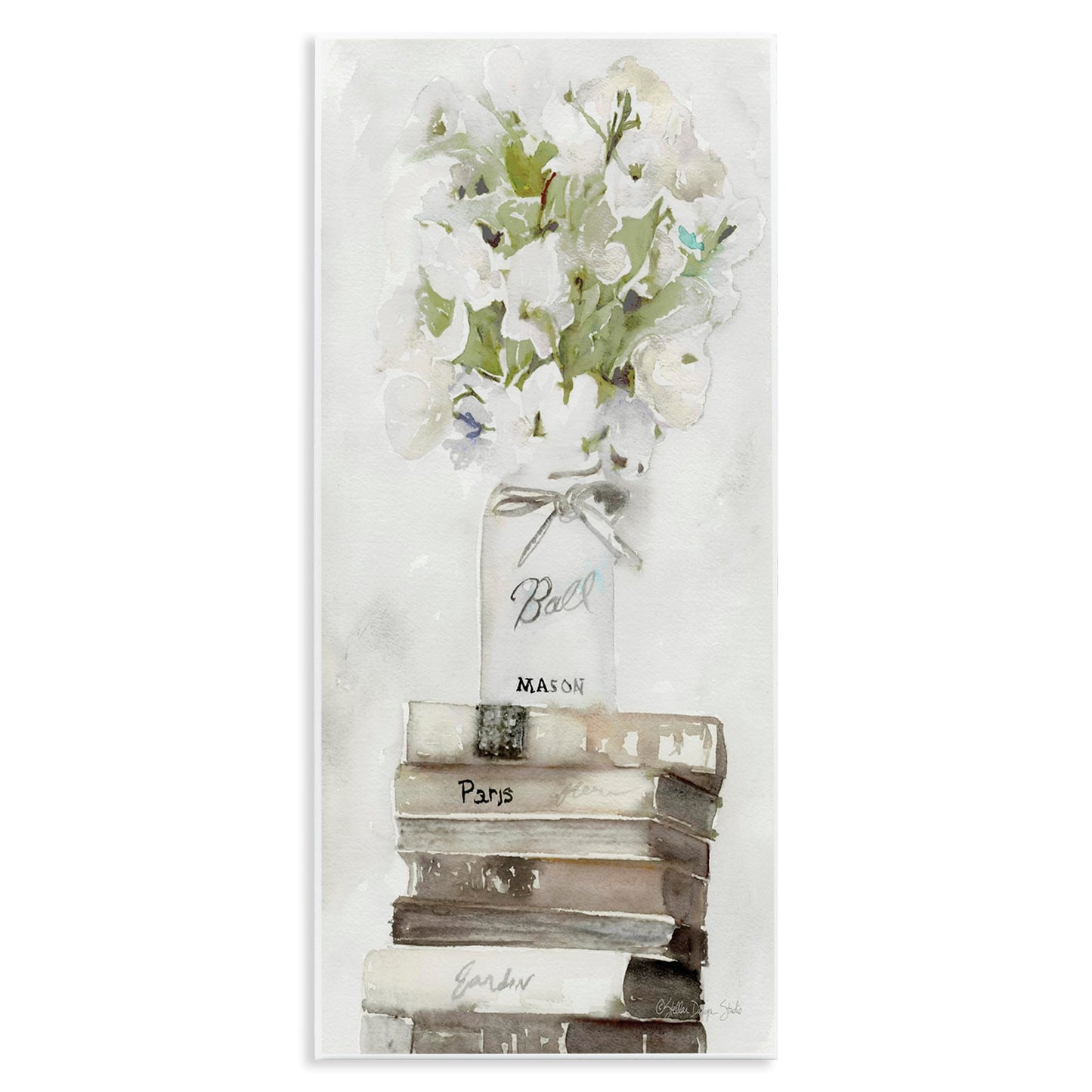 Stupell Industries White Floral Bouquet on Distressed Books Watercolor, Designed by Stellar Design Studio Art, 7 x 17, Wall Plaque