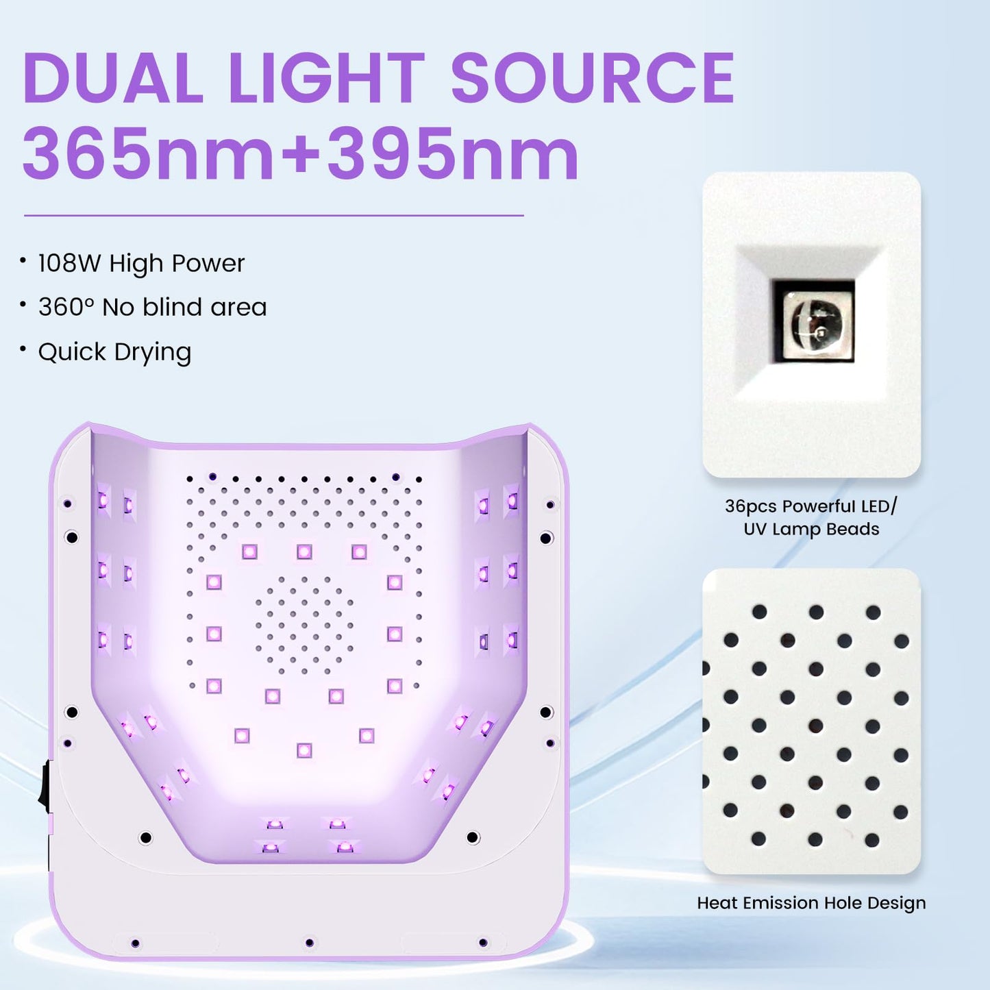 Subay UV Nail Lamp 108W, UV Light for Gel Nail Polish, Cordless LED Nail Lamp with 36 Beads & Touch Display, Nail Light with 4 Timer Mode & Auto Sensor, Fast Curing Nail Dryer for Salon & Home, Purple