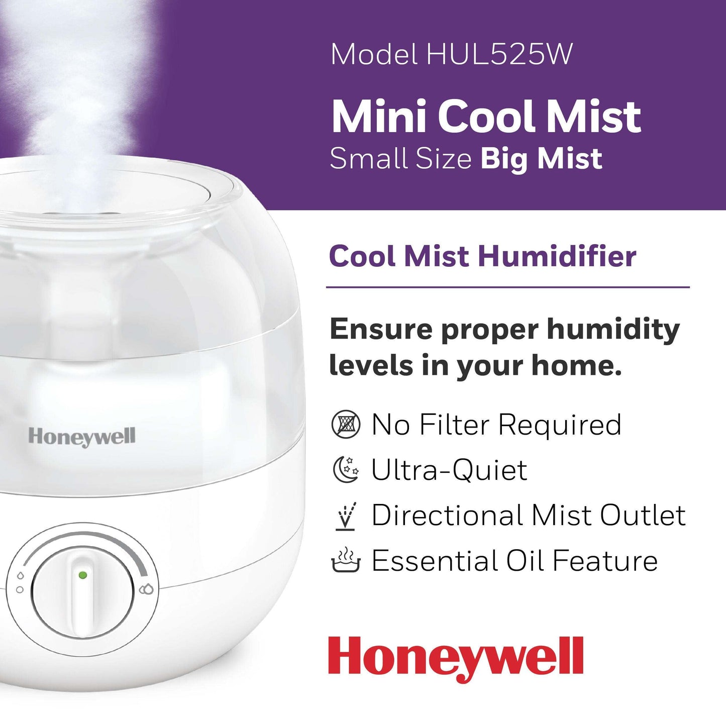 Honeywell Mini Cool Mist humidifier, Easy to Fill and Clean, humidifier for small Bedroom, Kids Rooms, or office. Ultra Quiet Operation and Auto Shut-Off - White, HUL525W