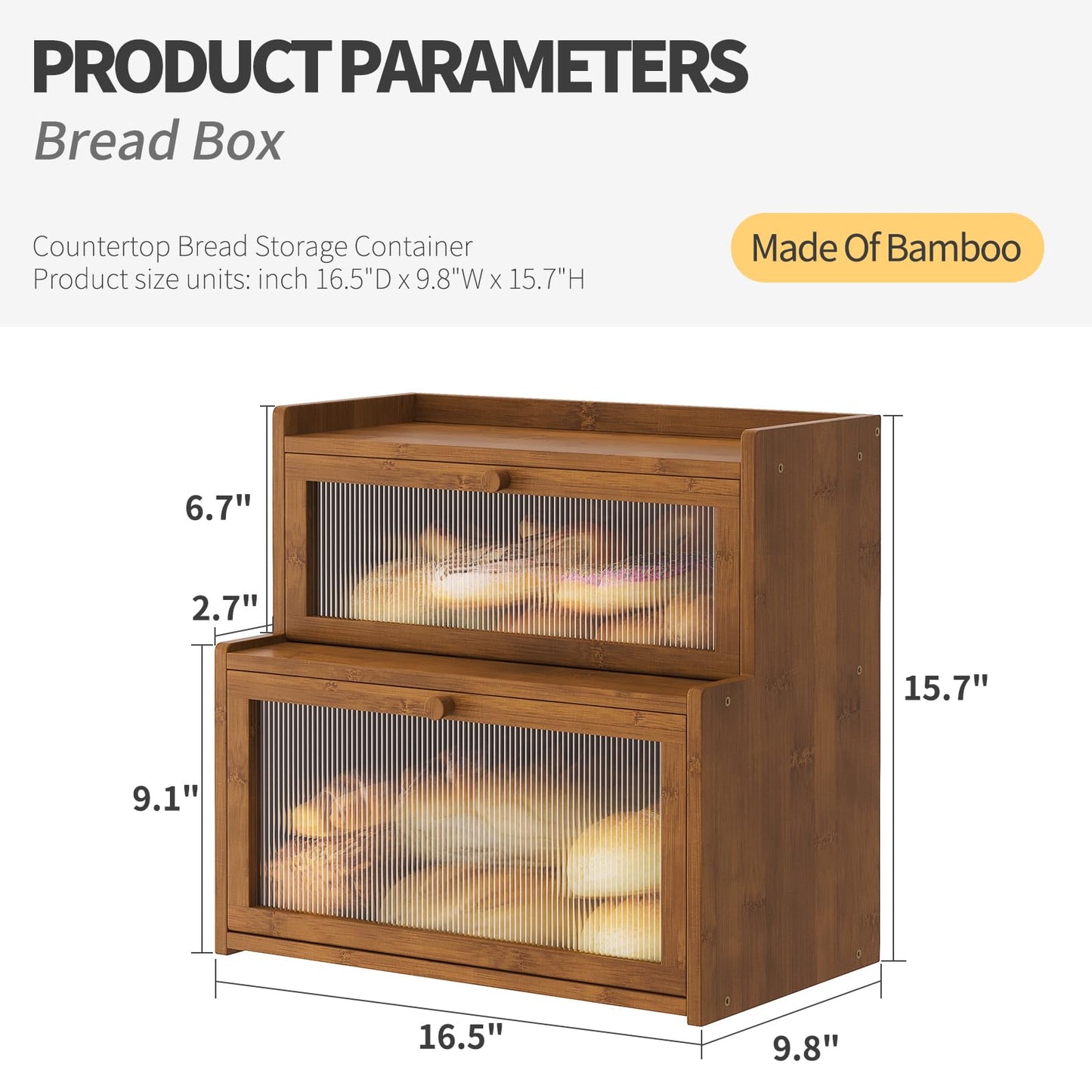 Furshus Double Layer Bamboo Bread Box for Kitchen Counter,Bread Holder,Countertop Bread Storage with Window (Brown)