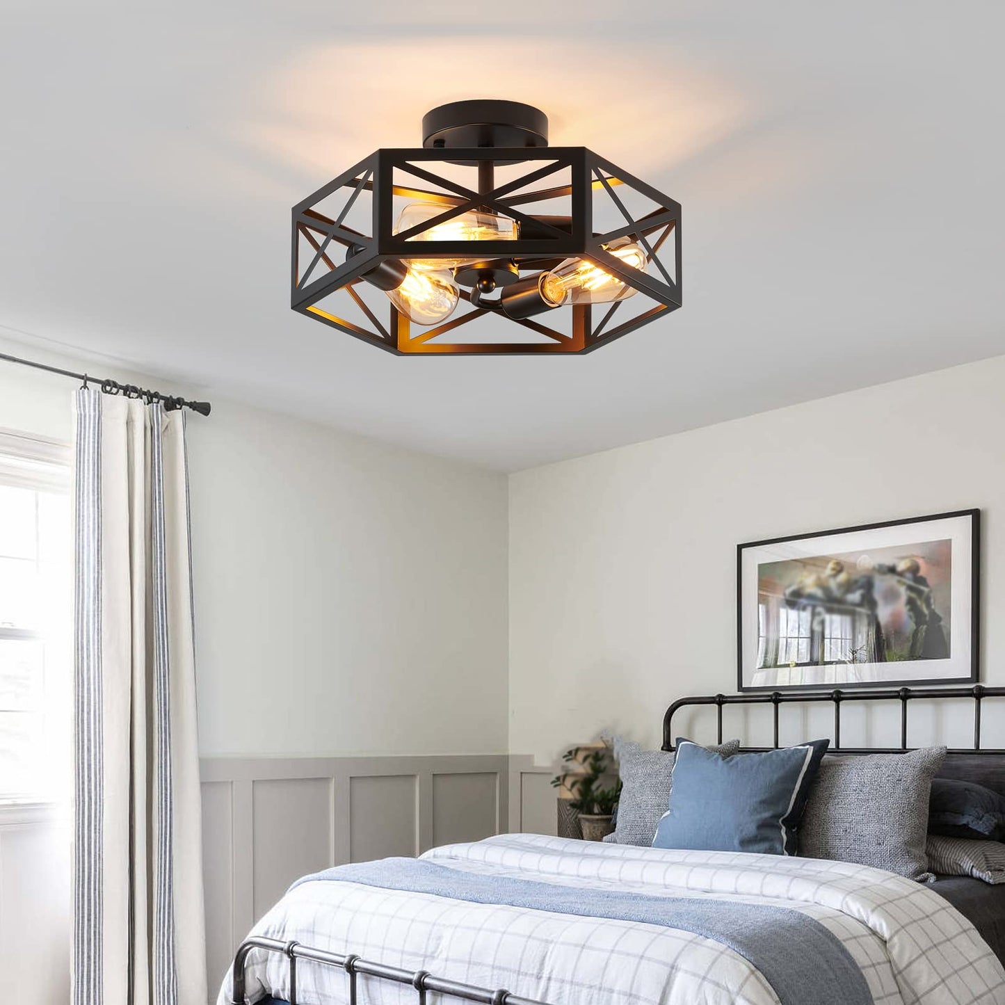 XSDeTu Semi Flush Mount Ceiling Light Fixture, Modern Farmhouse 3-Light Black Ceiling Light, Industrial Close to Ceiling Light with Metal Hexagon Cage Ceiling Lamp for Kitchen, Hallway, Bathroom