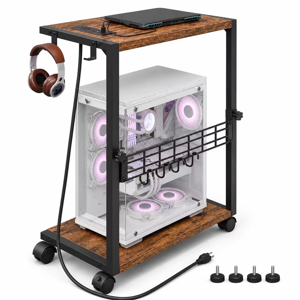 ZIIWIND PC Stand with Charging Station, Height Adjustable Computer Tower Stand, 19.7"-31.5" H, Computer Cart with Wheels and Hooks, CPU Holder for Floor, Carpet and Under Desk, Rustic Brown