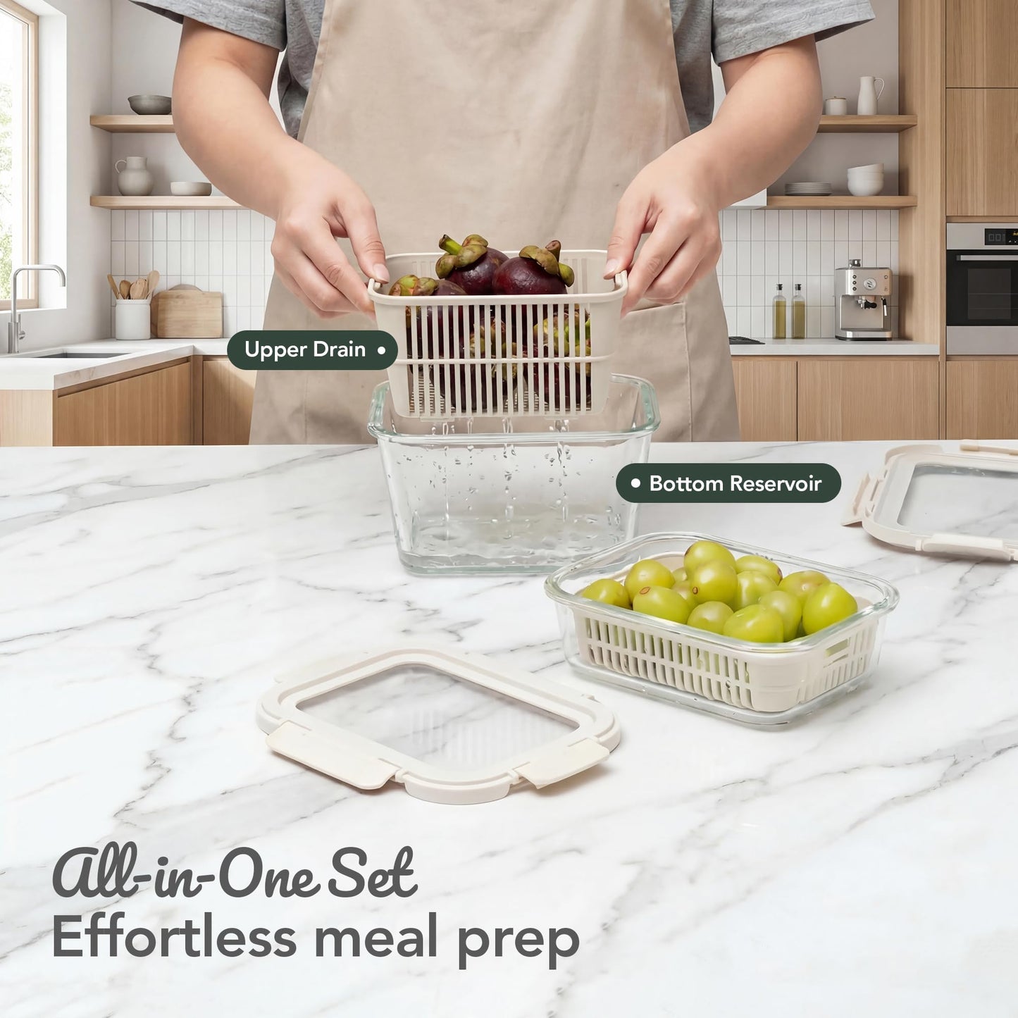 GENICOOK Glass Produce Storage Containers for Fridge, 2-Pack – Airtight Fruit & Vegetable Containers with Removable Colanders, Flexible Silicone Lids,LeakProof, BPA-Free Borosilicate Glass