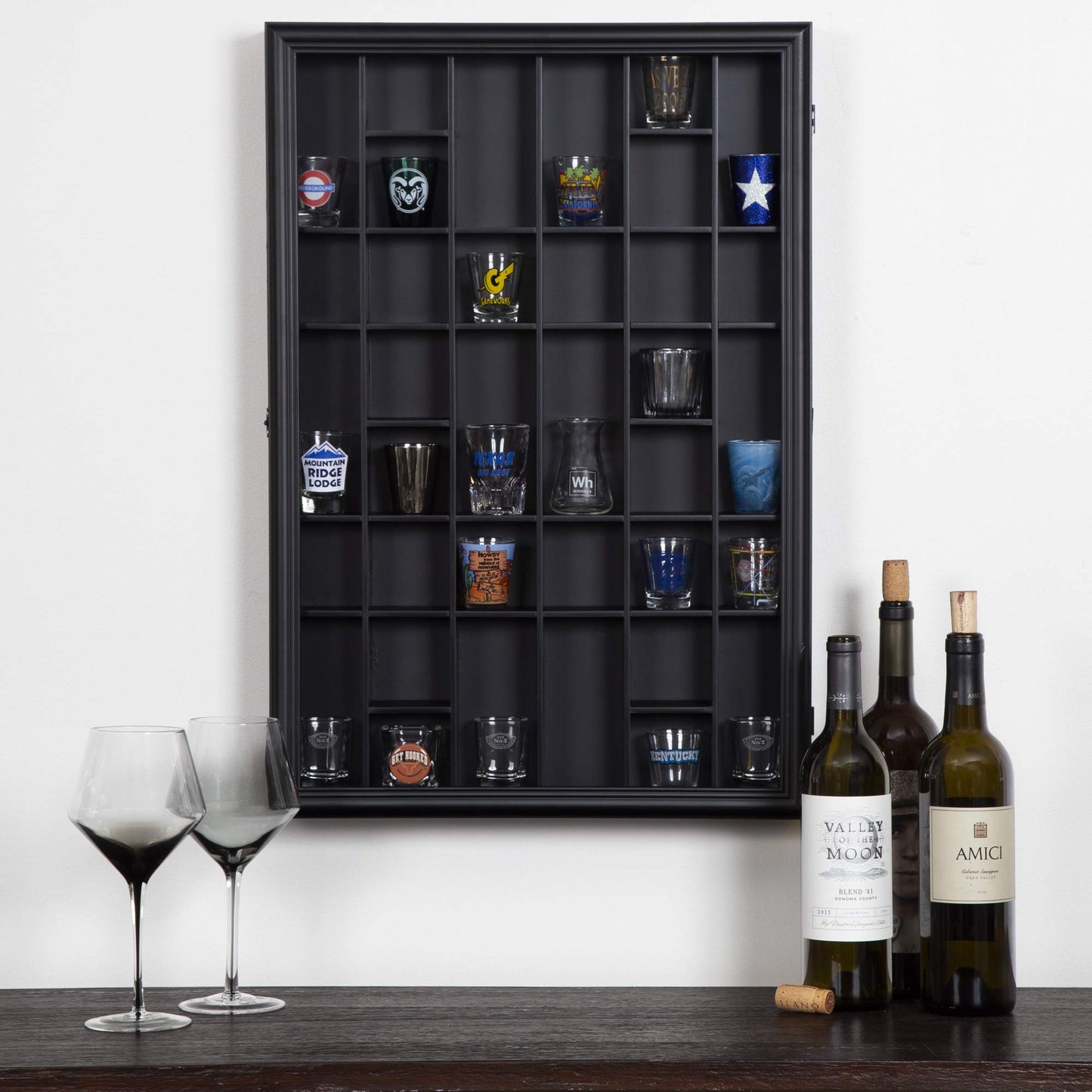 Gallery Solutions - Black Wall-Mounted - Curio & Shot Glass Display Case - 17"x26" Glass Door - Bar Accessories - Collectible - Miniature Glassware - Bar Accessories