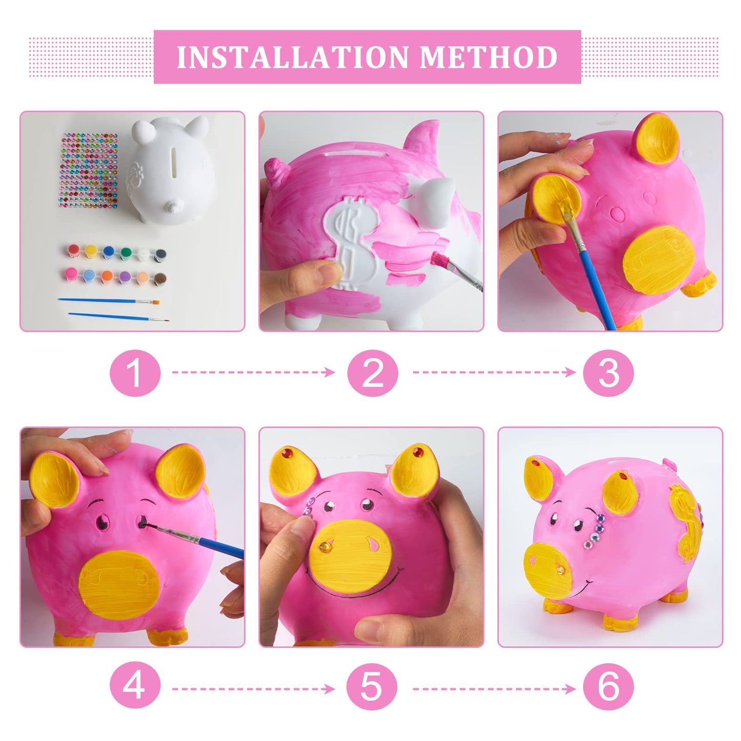 WEBEEDY Paint 2 Unbreakable Piggy Banks Money Box Craft Kit with 2 Paintbrushes, 12 Paint Colors and Stickers