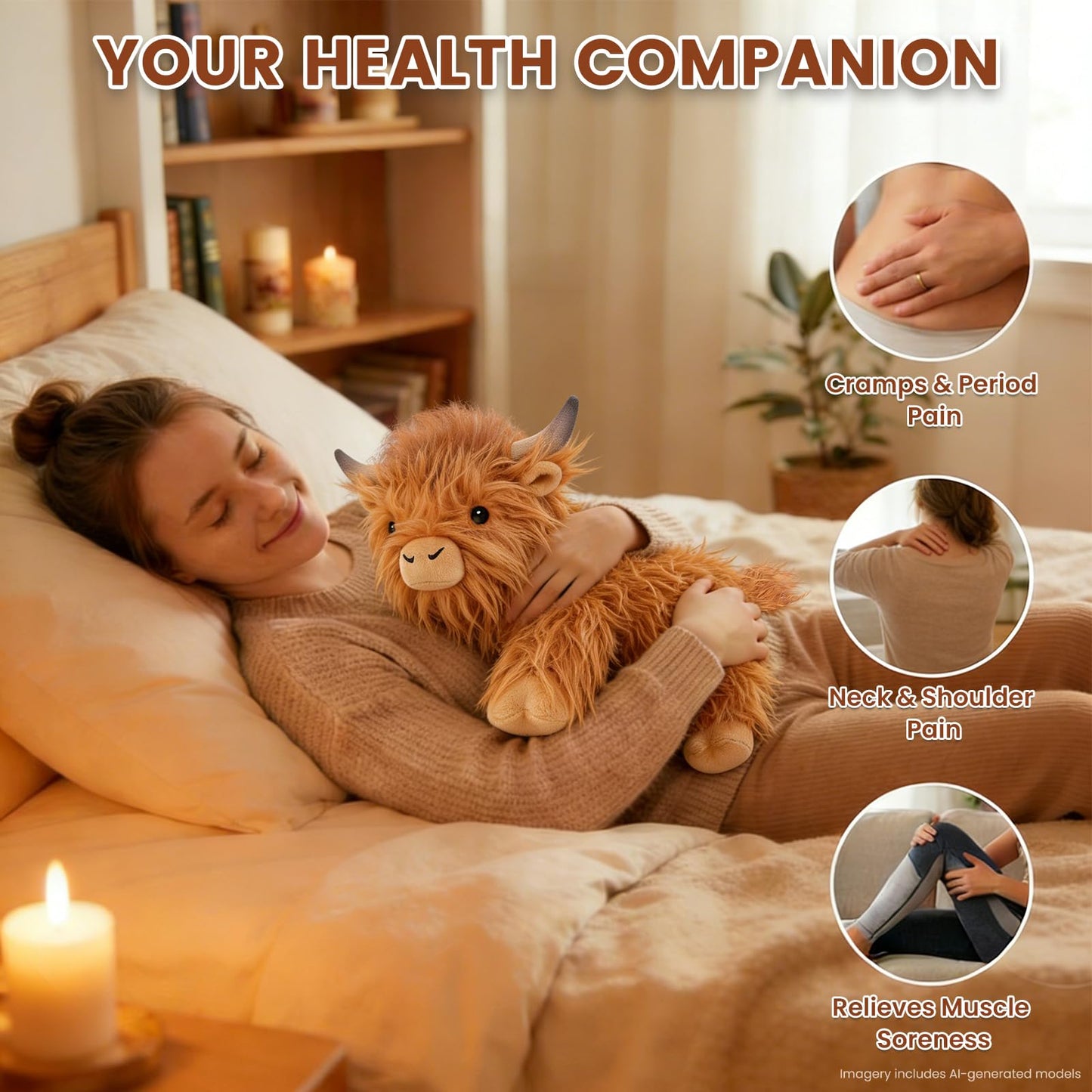 SuzziPals Heatable & Coolable Highland Cow Stuffed Animal, Microwavable Stuffed Animals Heating Pad for Period DIscomfort, Cuddly Cattle Stuffed Animal for Warmth & Comfort, Highland Cow Gifts for kid