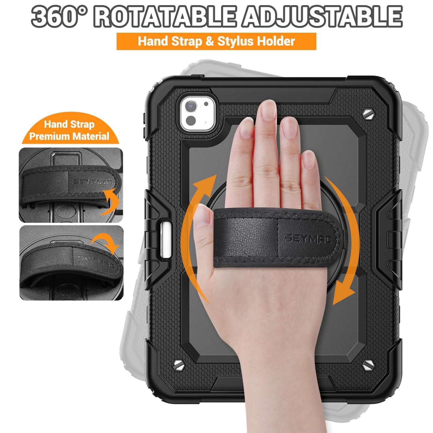 SEYMAC for iPad Pro 11 Inch Case 2024 (M4), Heavy Duty Shockproof Protective Case with Screen Protector, 360° Rotating Stand, Hand/Shoulder Strap and Pen Holder for iPad Pro 11 2024, Black