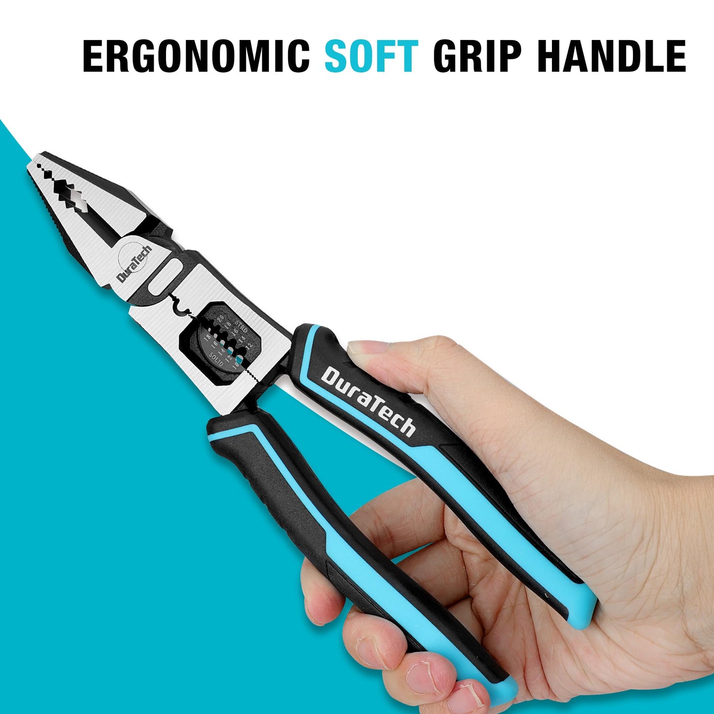 DURATECH 3PCS Pliers Set, Large 6 in 1 Multifunctional Wire Stripper Crimper Cutter, 8.5" Long Nose Pliers, 8.5" Linesman Pliers, 8" Diagonal Side Cutting