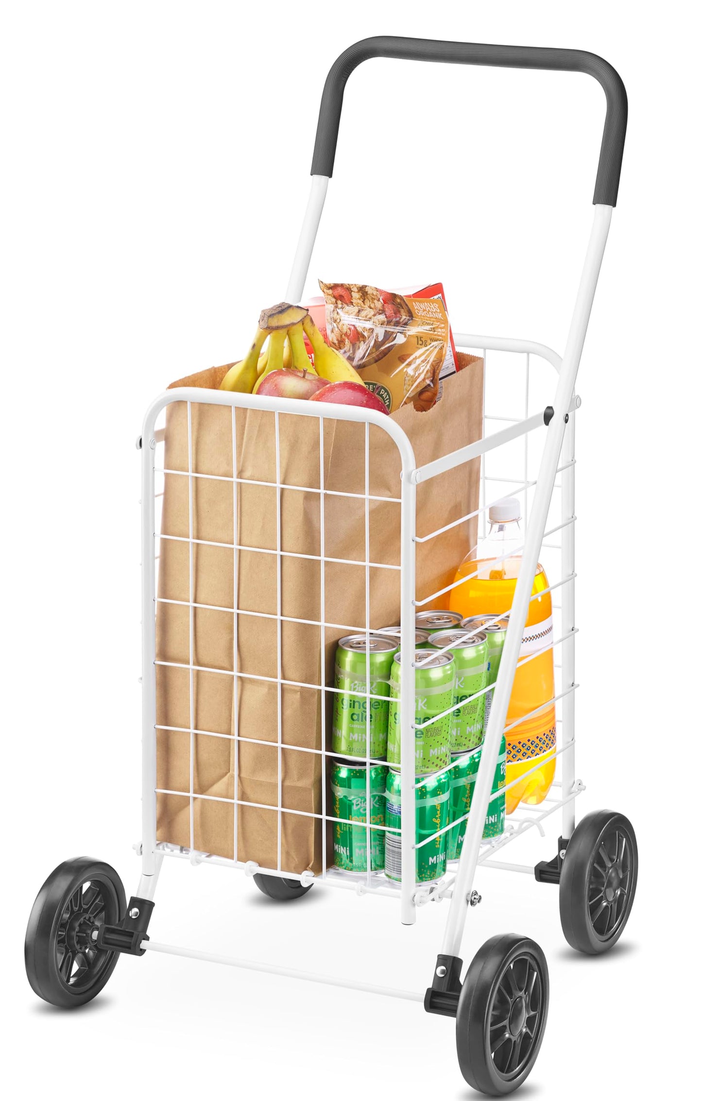 Whitmor Folding Utility Shopping Cart with Wheels, Heavy Duty Metal Grocery Cart, Portable Foam Handle, Rolling Collapsible Trolley for Groceries, Laundry, Storage, White
