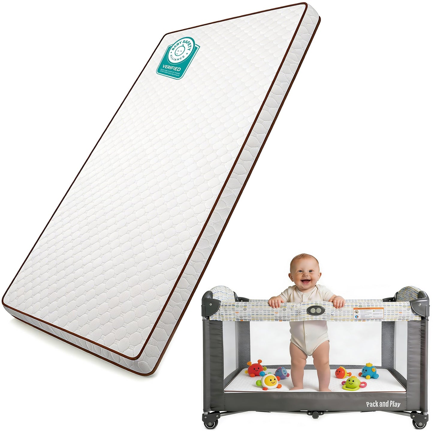 Pack and Play Mattress Pad, 38"x26" Playpen Mattress for Graco Pack n Play, Baby Trend, Pamo Babe Playard, 1.5" Thick, Breathable Washable Cover, No Gap 3D Piped Edge, White