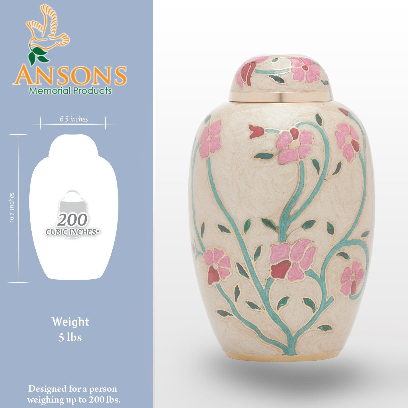 Ansons Urns Cremation Urn - Flower Funeral Urn for Human Ashes - Burial urn with Lacquer Finish - 100% Brass - Flora Cream