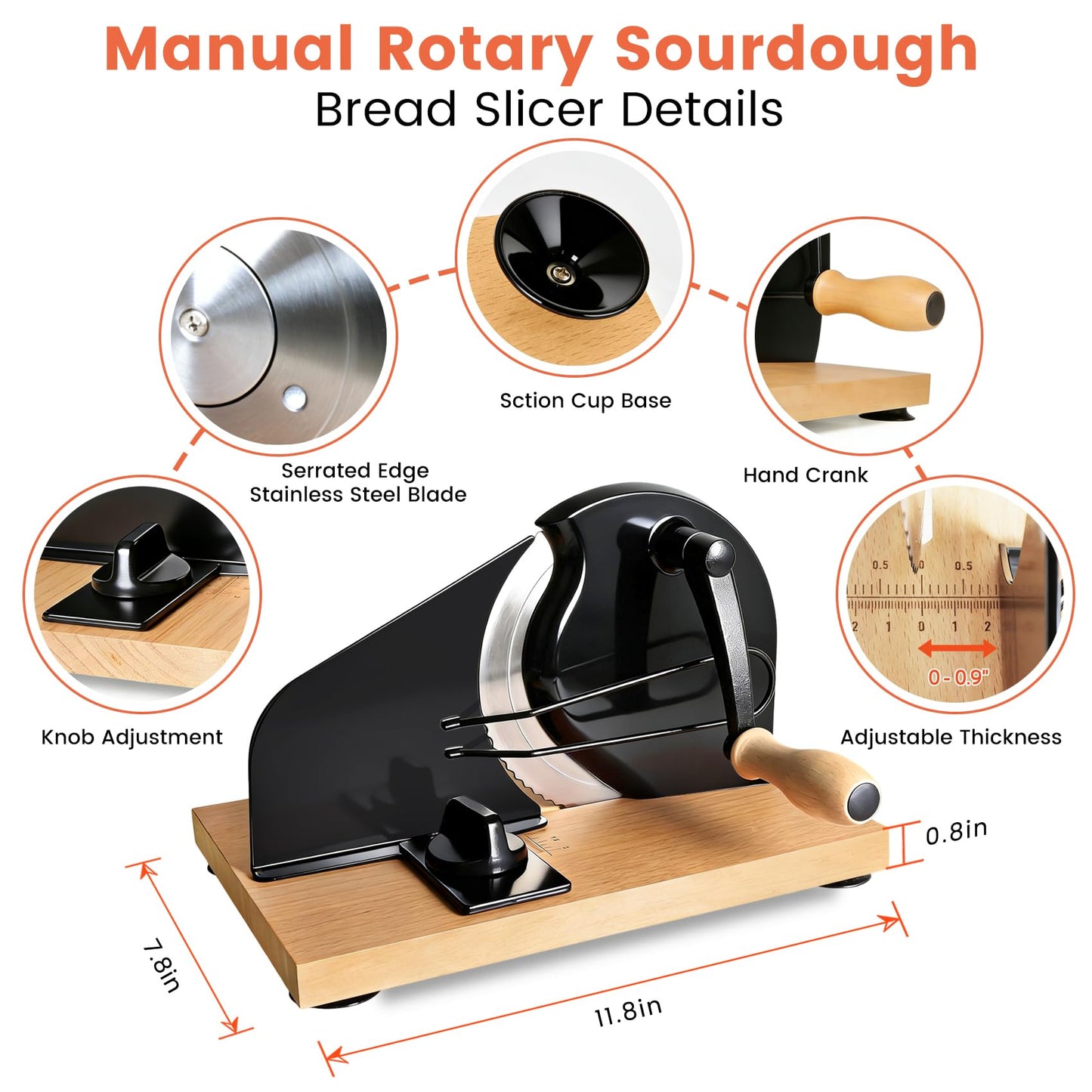 Bread Slicer for Homemade Sourdough Bread,Manual Slicer Making Tools,Adjustable Thickness Knive Cutter with Hand Crank for Sandwich with Scale Line Suction Base,Sharp Stainless Steel Blade (Black)