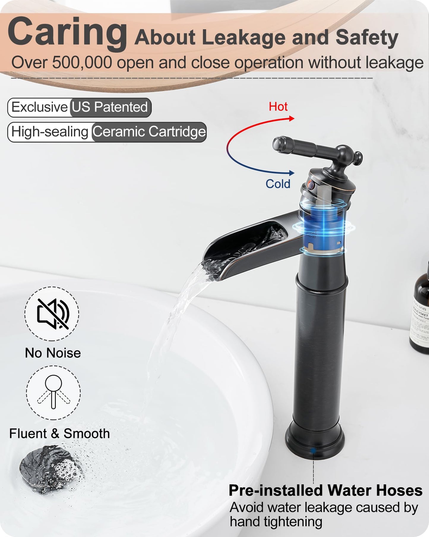 HOIGY Brass Vessel Sink Faucet Oil Rubbed Bronze, Waterfall Tall Bathroom Faucet 1 Hole with Single Handle, Pop-Up Drain & Water Hose for Farmhouse Vanity Restroom Vessel Bowl Sink, 5 Mins Install