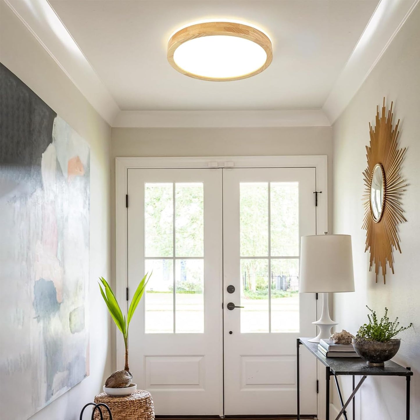 Pevfah Modern Dimmable Wood Flush Mount Ceiling Light, 2700K-6000K 5CCT Round Close to Ceiling Lighting Fixtures, Minimalist LED Ceiling Lamp for Bedroom, Kitchen, Hallway, Laundry Room-11.81in