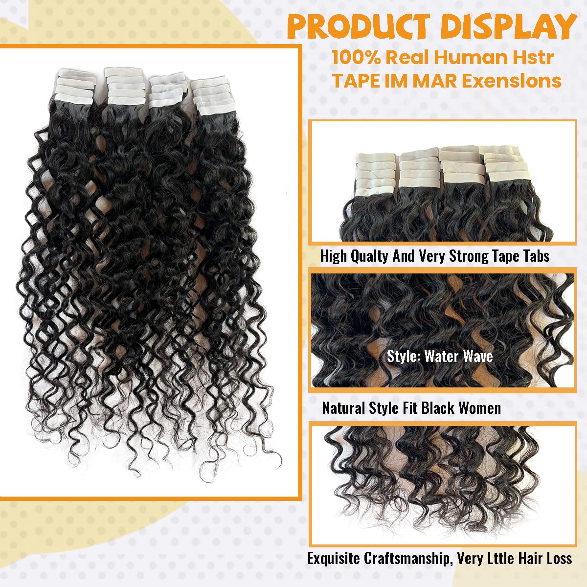 Natural Black Water Wave Tape in Human Hair Extension Black Women,100% Brazilian Virgin Hair Skin Weft Loose Wave Tape on Double Sided Hair Extensions for Short Hair…