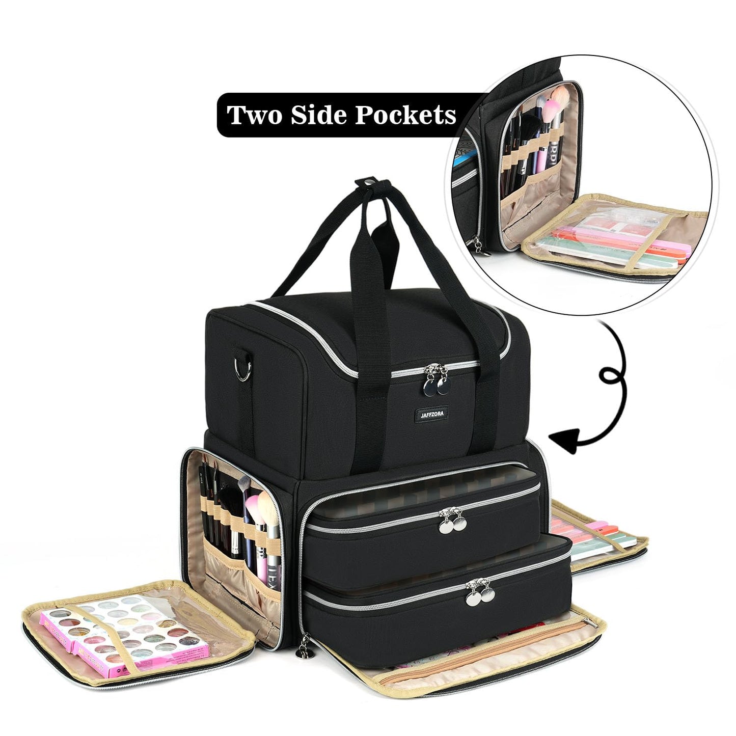 Large Nail Polish Organizer Case Holds 80 Bottles and a Nail Lamp, Nail Organizers and Storage with 2 Removable Pouches, Travel Nail Supplies Carrying Bag for Nail Art Tech & Manicure Tools,Black