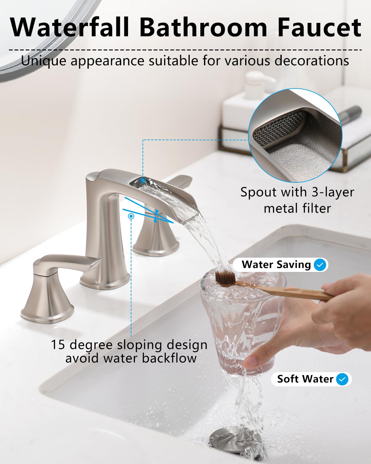 Fapully Brushed Nickel Bathroom Faucet 3 Hole, Waterfall 8 Inch Widespread Bathroom Sink Faucet with Pop-up Drain, Two-Handle Faucet for Bathroom Sink