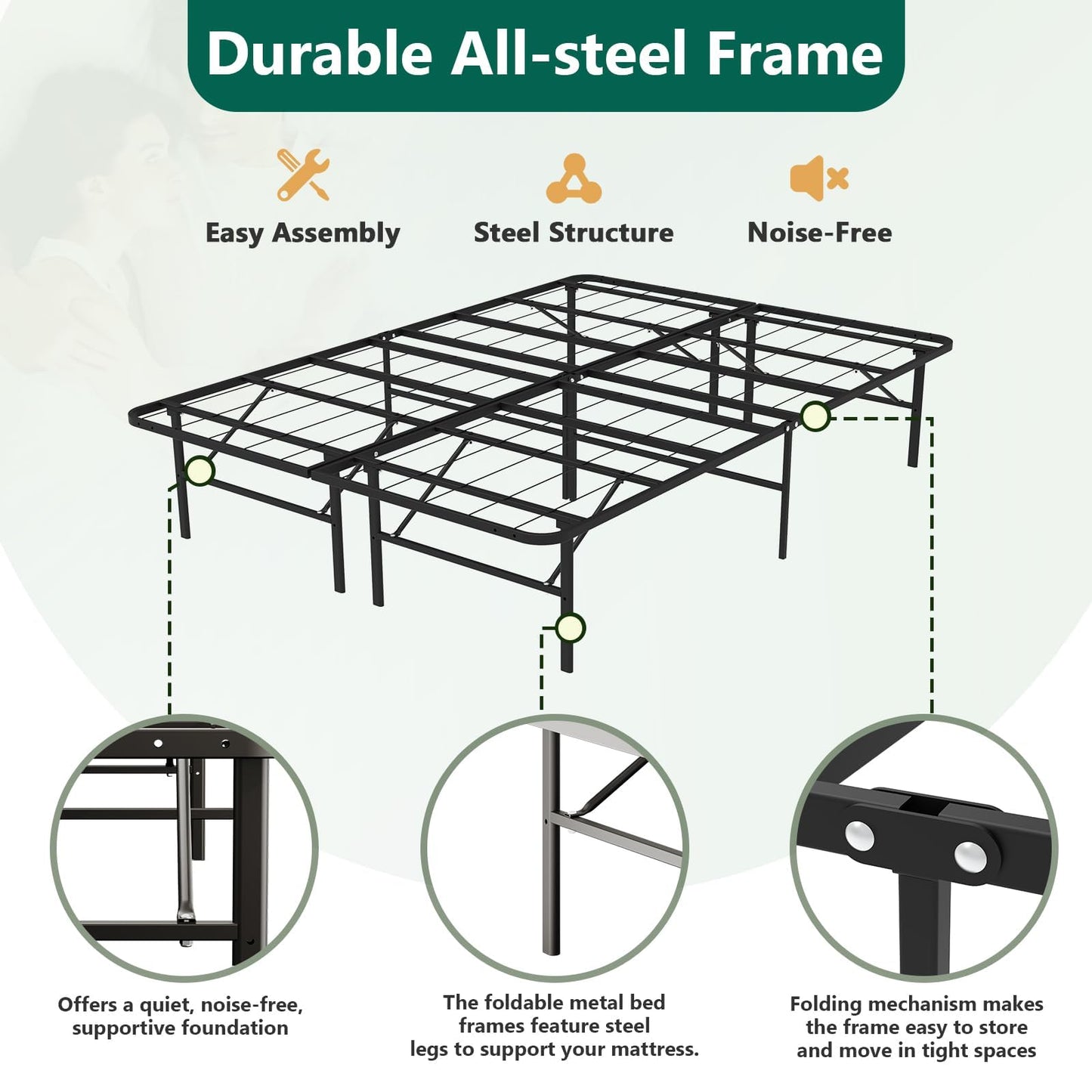 FurniEdge Full Size Folding Bed Frame, Heavy Duty Full Metal Platform with 14" Underbed Storage, Easy Tool-Free Assembly, No Box Spring Needed