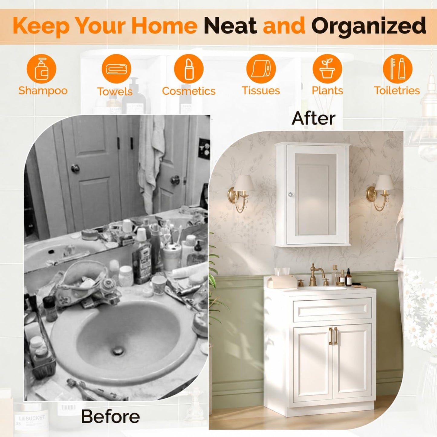VINGLI Bathroom Wall Cabinet Wall Mount Mirrored Medicine Cabinet with Mirror Storage Organizer with Single Mirror Door and 2 Adjustable Shelves White