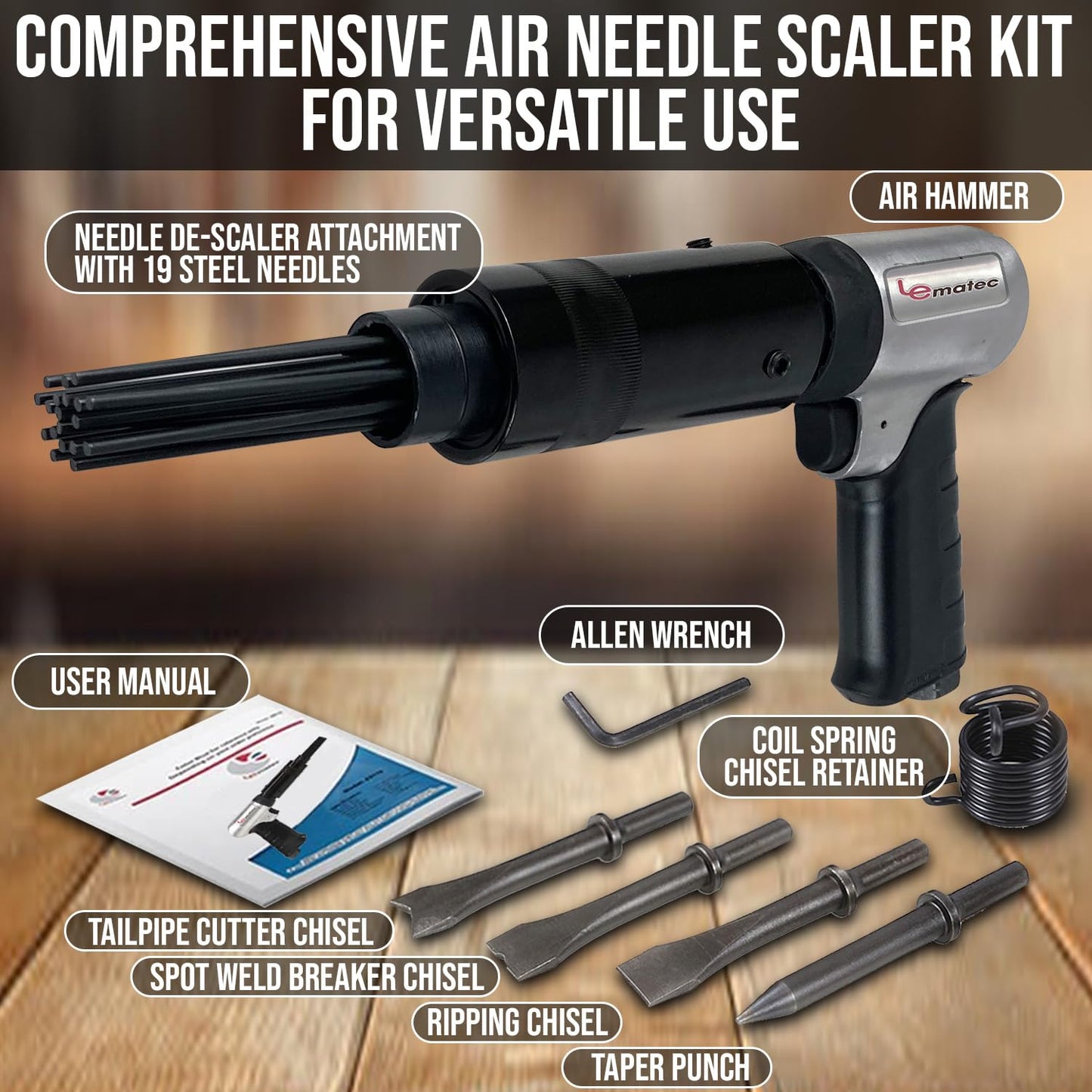 LE LEMATEC Air Needle Scaler with Air Chisel Kit, 4800 BPM Pneumatic Air Hammer Needle Gun for Metalworks, Rust, Weld & Paint Remover, Pistol Grip Metal Scraper Air Compressor Accessories (LE-AN324K)