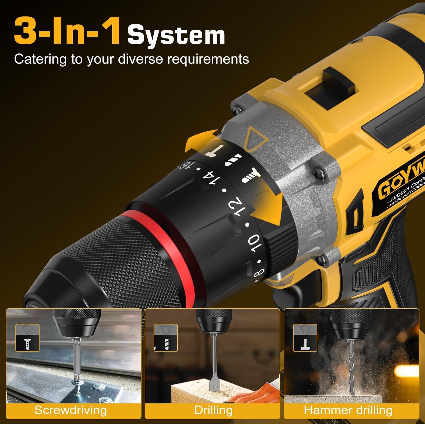 GoYwato 1239In·lbs Cordless Hammer Drill - 140N·m 21V Brushless Electric Power Impact Drill Set w/ 2 x 4.0Ah Battery & 1/2Inch Self-Locking Metal Chuck & 36Pcs Accessory for Drilling Wood Bricks Metal