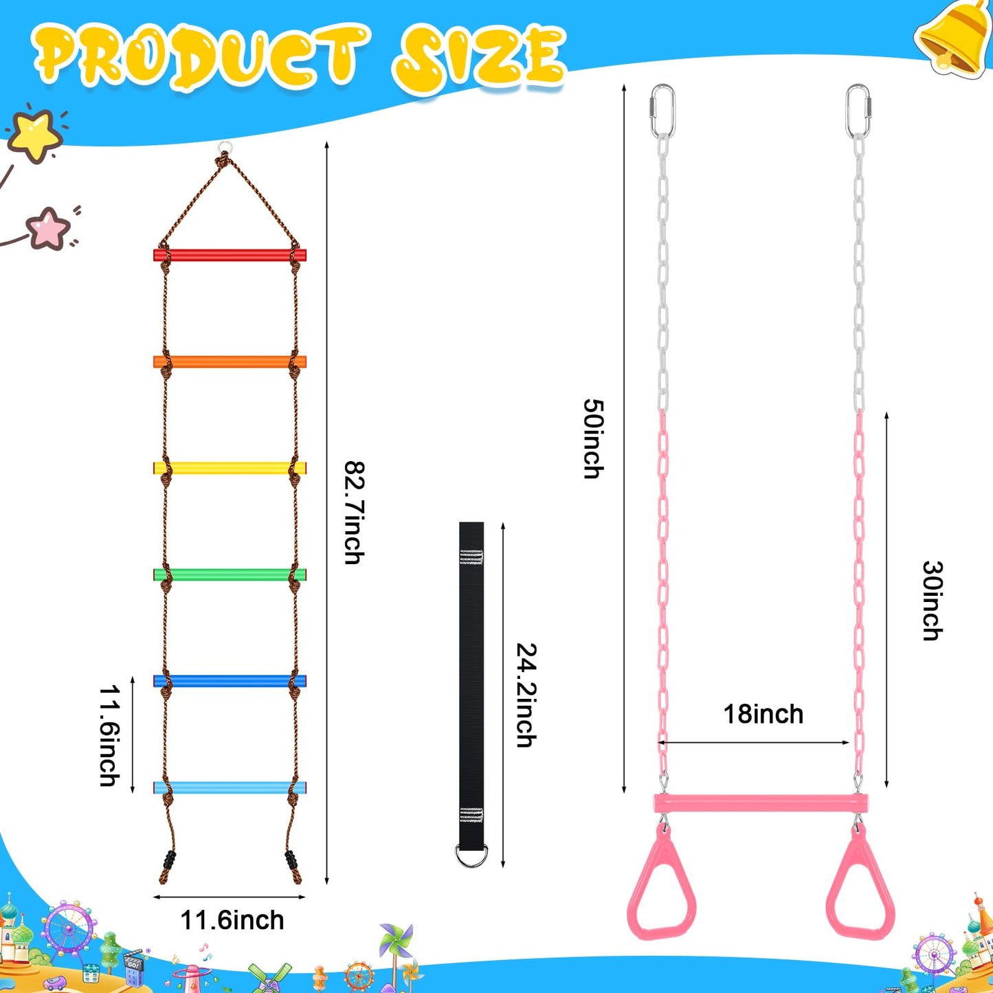 ShinyRelief 2 Pack Gym Swing Sets 48'' Trapeze Swing Bar Monkey Bar Heavy Duty Chain with Locking 6.8ft Climbing Rope Ladder Climbing Game for Accessories Tree House Playground Outdoor Play (Pink)
