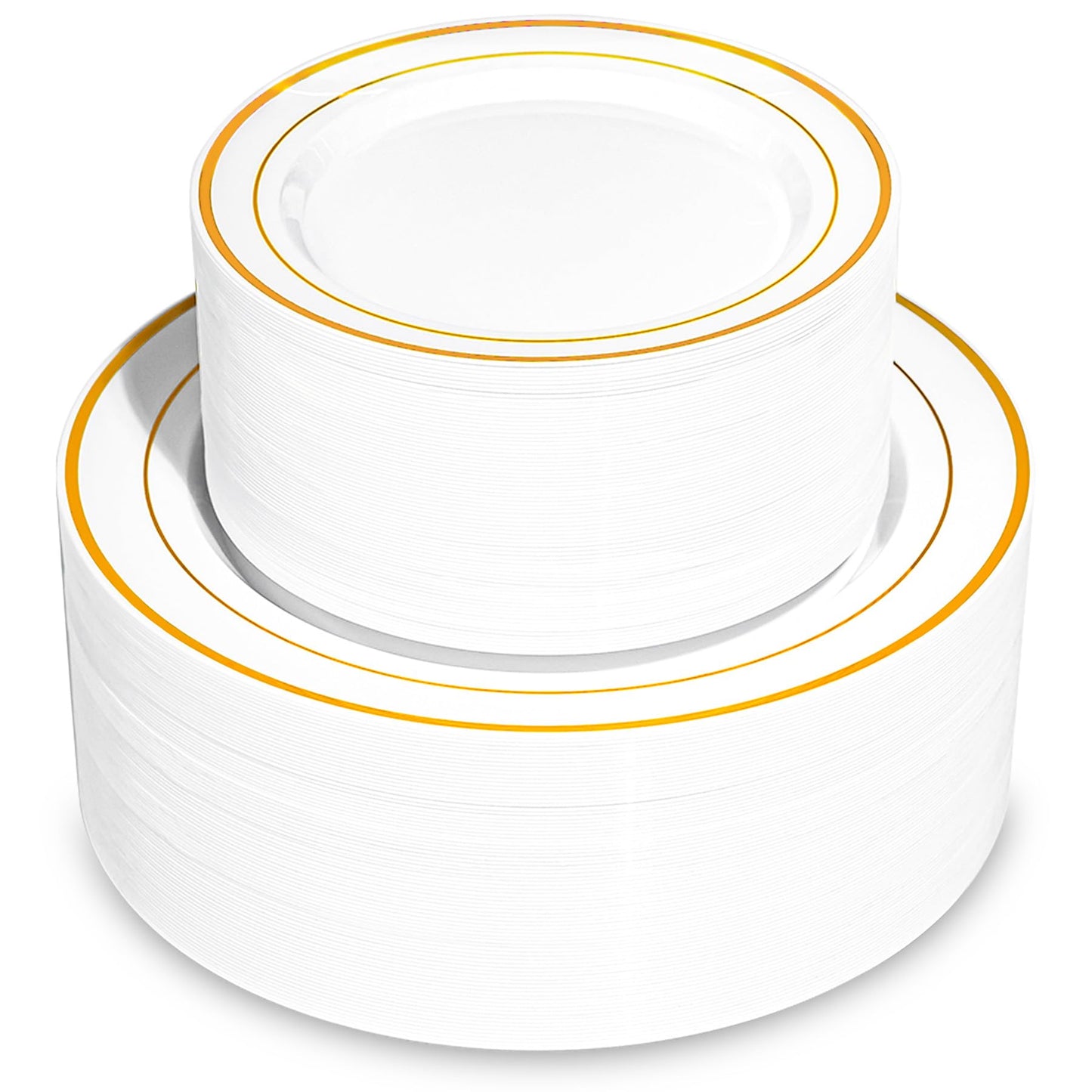 Pryntono 200PCS Gold Plastic Plates, Disposable Party Plates with Gold Rim, Include 100 Dinner Plate and 100 Elegant Dessert Plate for Party and Wedding