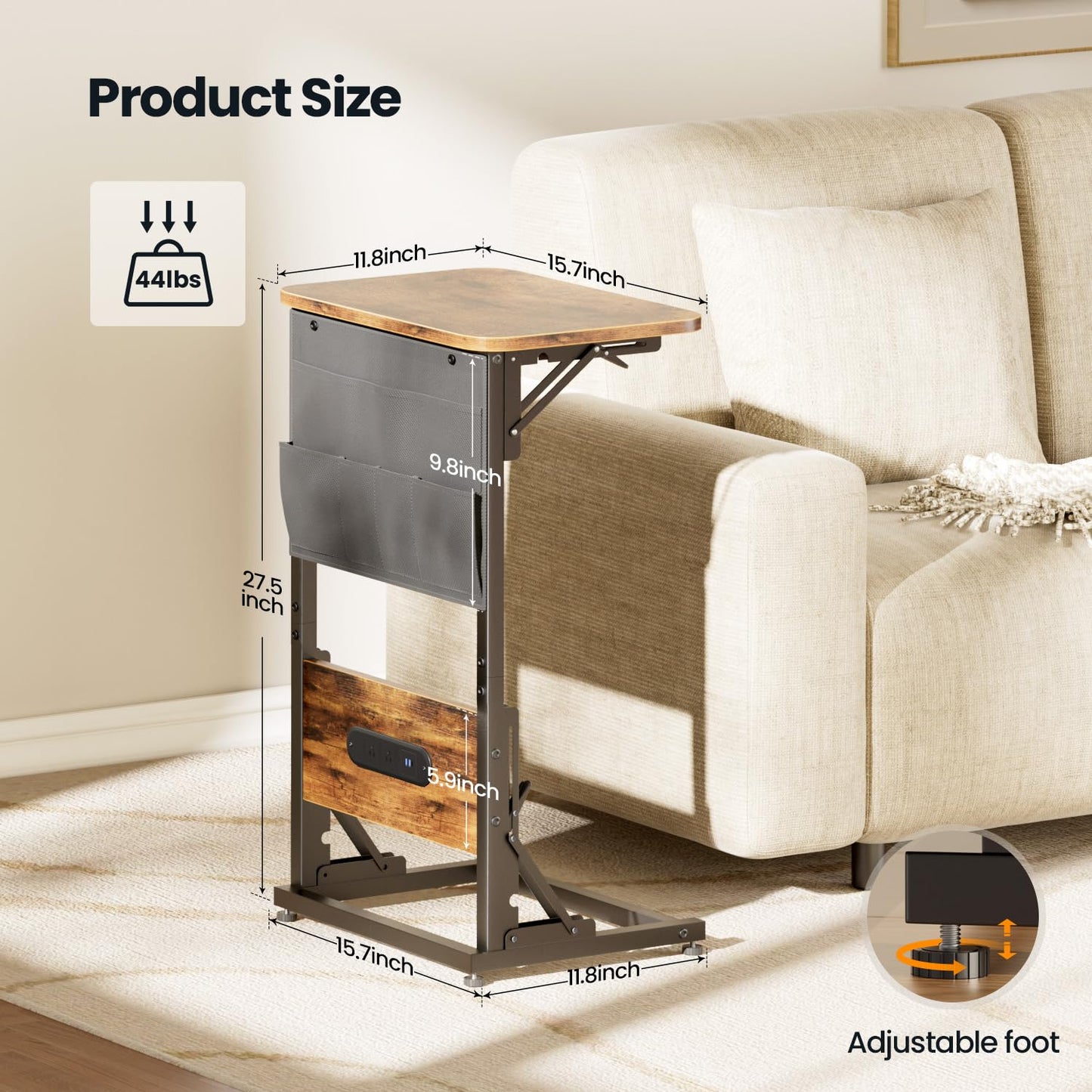 HLDIRECT C Shaped End Table with Charging Station, Couch Side Table with Storage Bag, Foldable TV Tray with 2 USB Ports and Outlets for Living Room, Bedroom, Rustic Brown