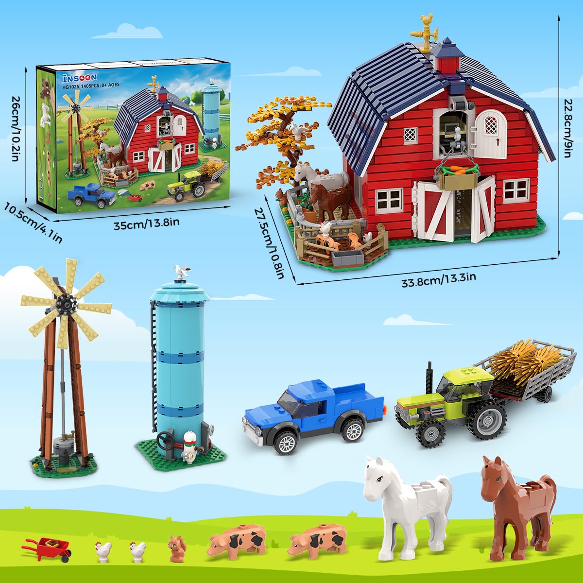 INSOON Western Farm Barn House Building Set with Lights, Newly Enhanced with Reinforced Structure, 1419 PCS Red Barn Building Toy with Animals Horse Tractor Windmill, Gift for Adults Boys Girls 10+